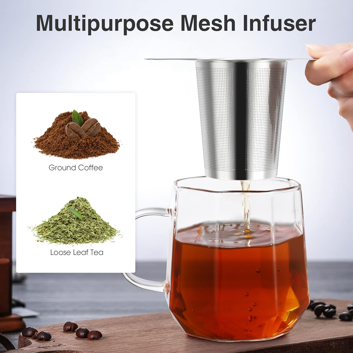 IPOW Reusable Stainless Steel Coffee Filter, Paperless Coffee Maker Strainer, Double Fine Mesh Basket for Loose Tea& Ground Coffee, Coaster Lid, Long Handle for Cup, Mug &Teapot image number 6