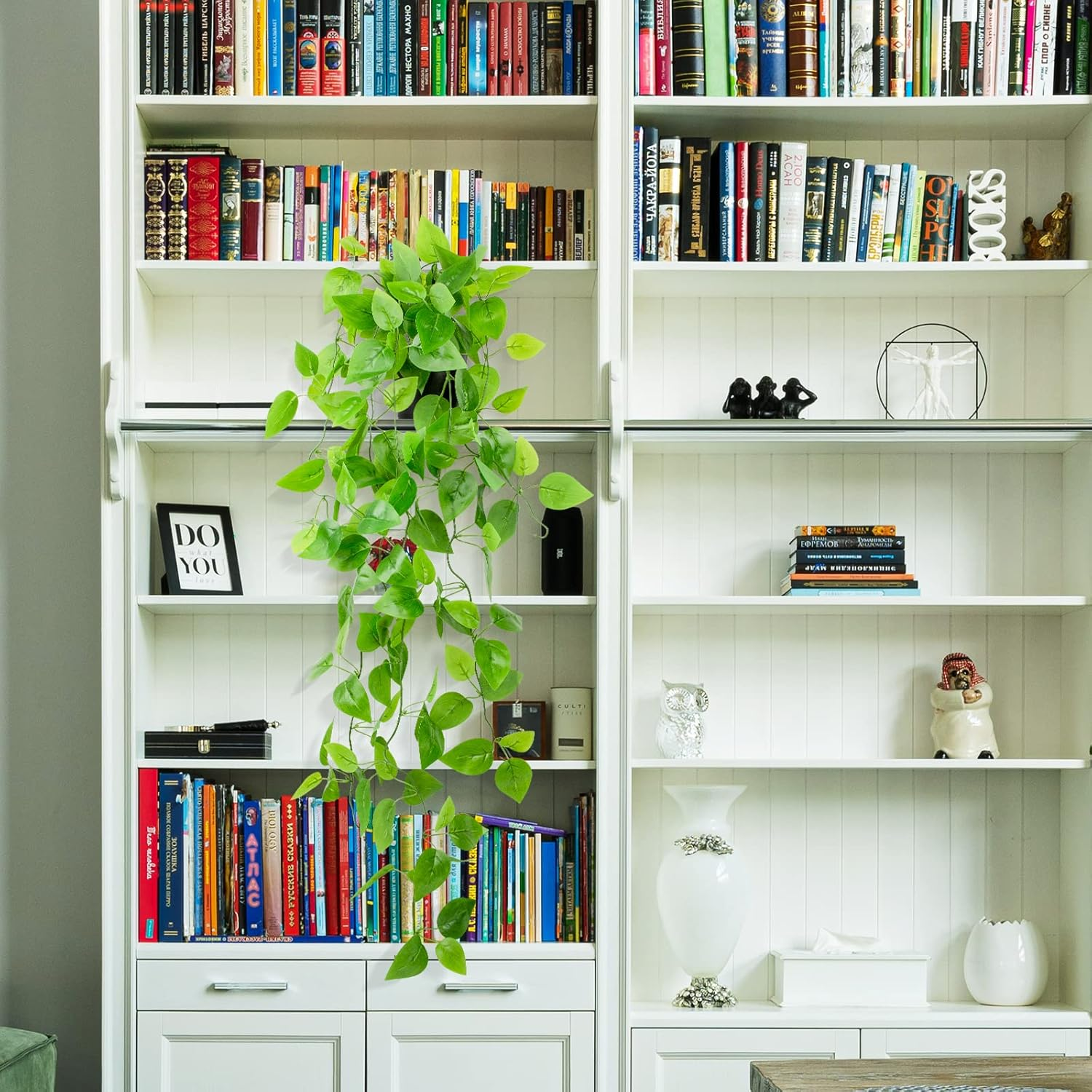 LOYWREE Small Fake Hanging Plant Artificial Potted Plants for Indoor Outdoor Aesthetic - 39In Realistic Faux Hanging Pothos with Ivy Vine for Shelf Decor in Home Office Gardens Greenery (Black Pot) image number 3