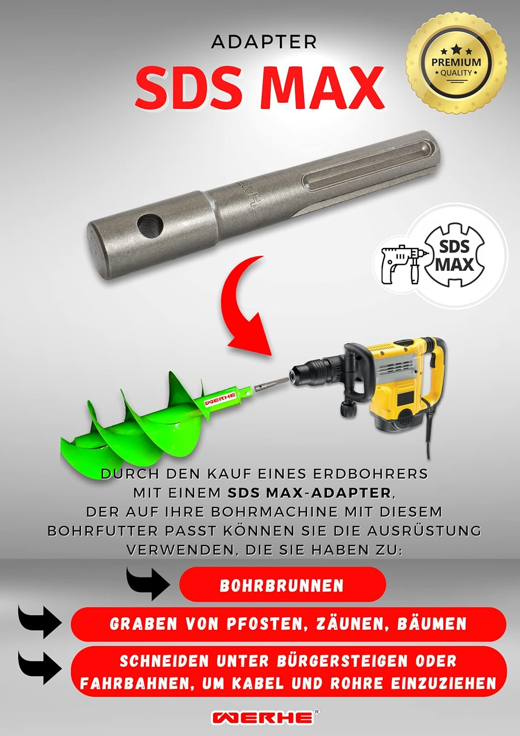 WERKON SDS Max Auger Adapter - Connects Drills to SDS Max Shank and Augers (40-200Mm) - Sturdy Steel 140Mm Length image number 2