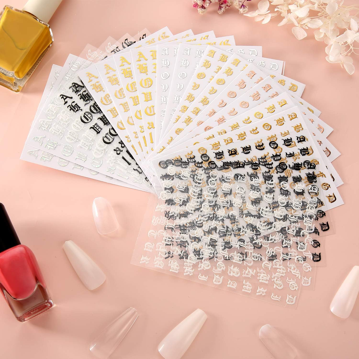 Maitys 24 Sheets Letters for Nails Old English Nail Stickers 3D Holographic Letter Self-Adhesive Gold Old English Alphabet Nail Decals for DIY Women(Classic Colors) image number 5