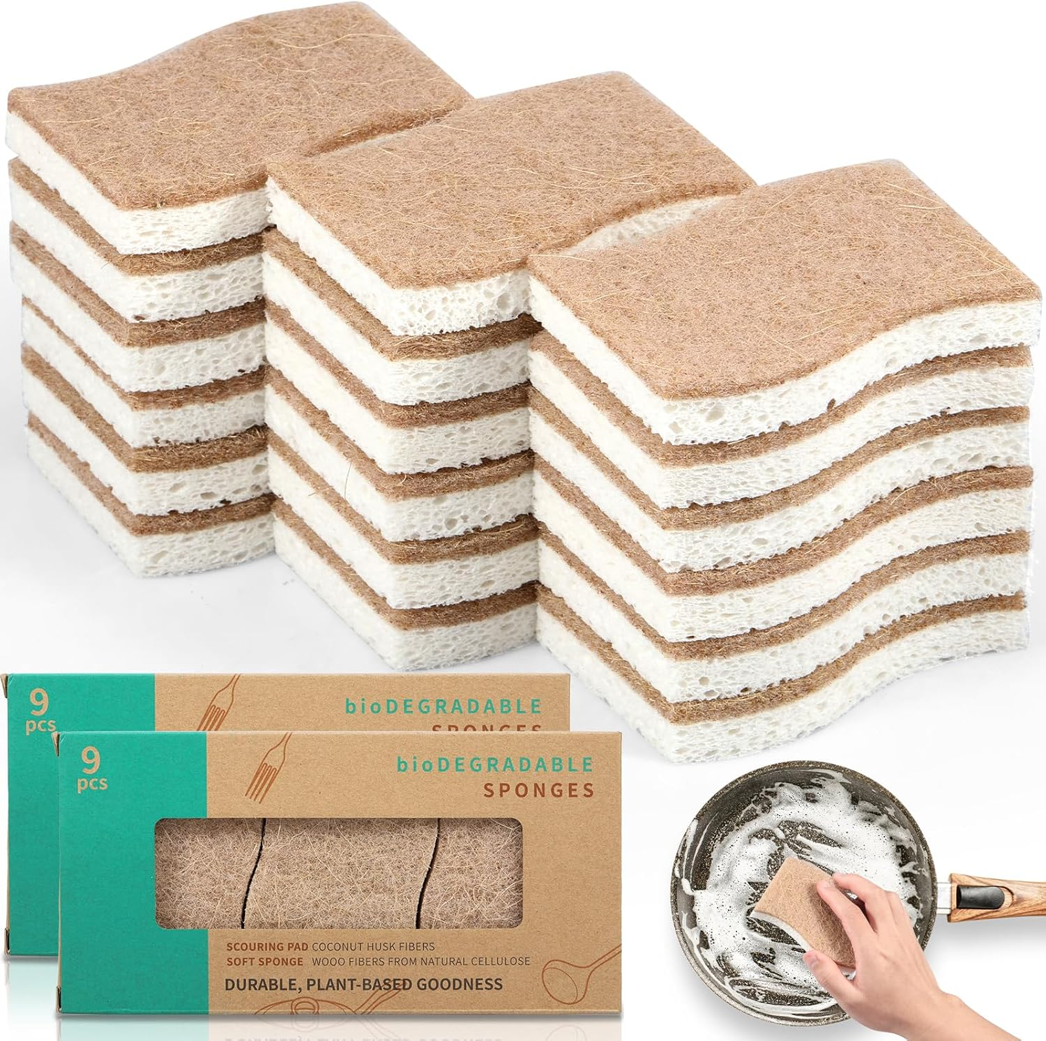 18 Pack Natural Kitchen Sponges Eco-Friendly Dish Sponge for Kitchen Odor Free Wood Pulp Sponge Strong Absorbent Quick-Drying Scrubber Sponges for Washing and Cleaning Dishes(S Shape)