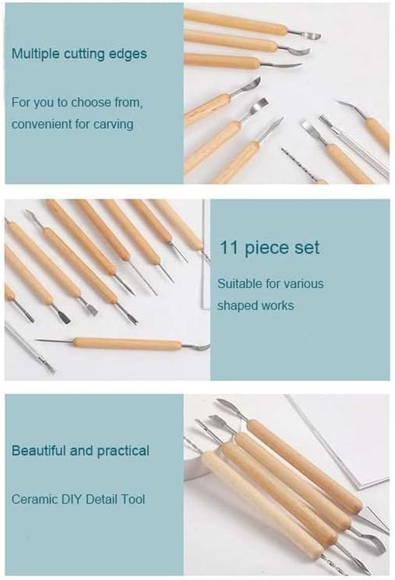 QYINXIU Pottery Clay Sculpting Modeling Tool Set,11-Piece Wooden Handle Clay Pottery Sculpting and Cleaning Tool Set, Double-Sided Clay Carving Tools image number 2
