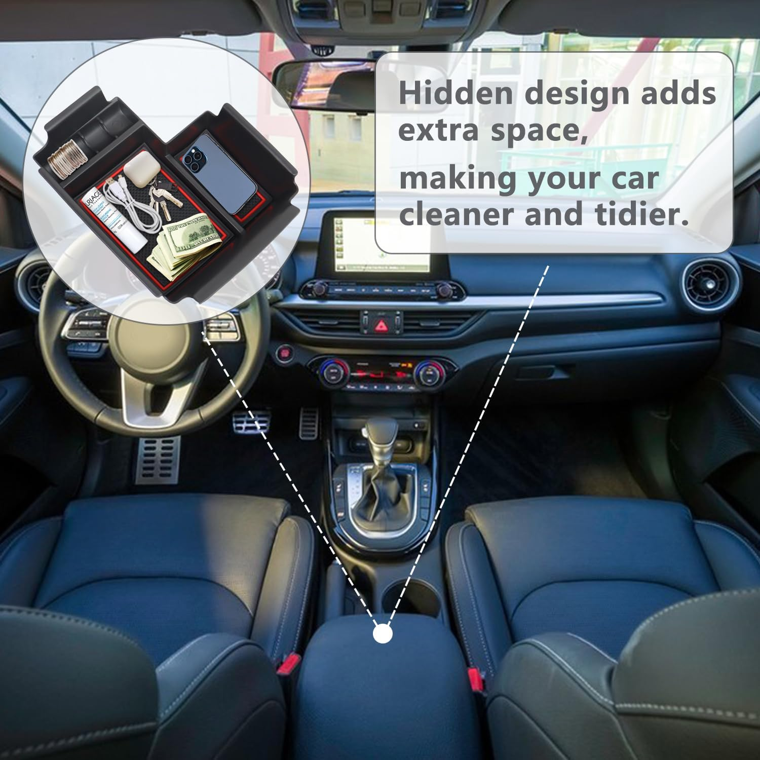 AFEISOL Center Console Organizer Tray Compatible with 2019-2024 Kia Forte GT/FE/EX/LX/LXS Interior Accessories, Insert Armsert Storage Box (Red) - Black image number 2