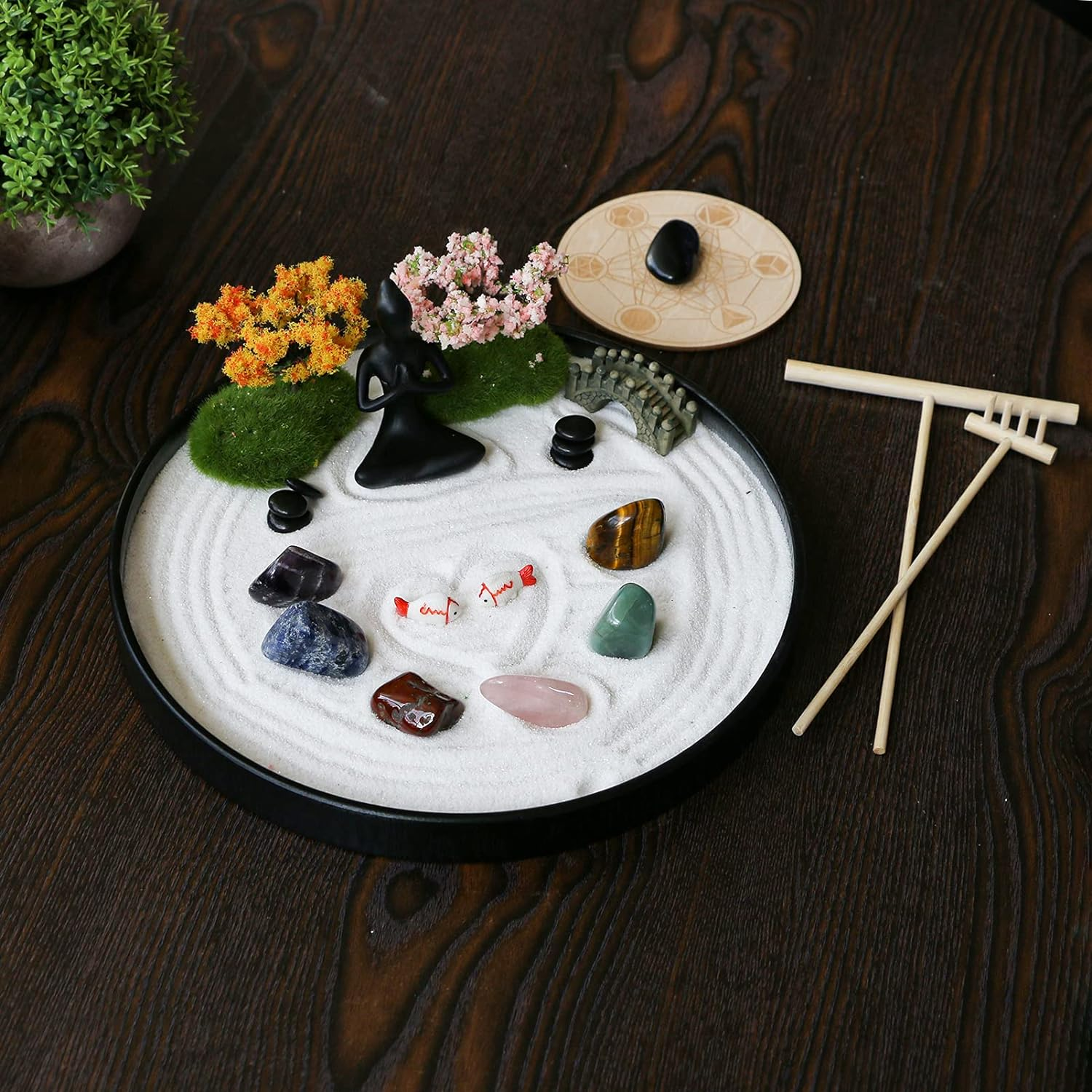 Zen Garden for Desk Tabletop Chakra Zen Healing Gifts Sand Tray Therapy Kit Set Japanese Decoration Crystal Quartz Rock Mini Garden Home Office Stress Relief Spiritual Decor Healing Gifts for Yoga image number 1