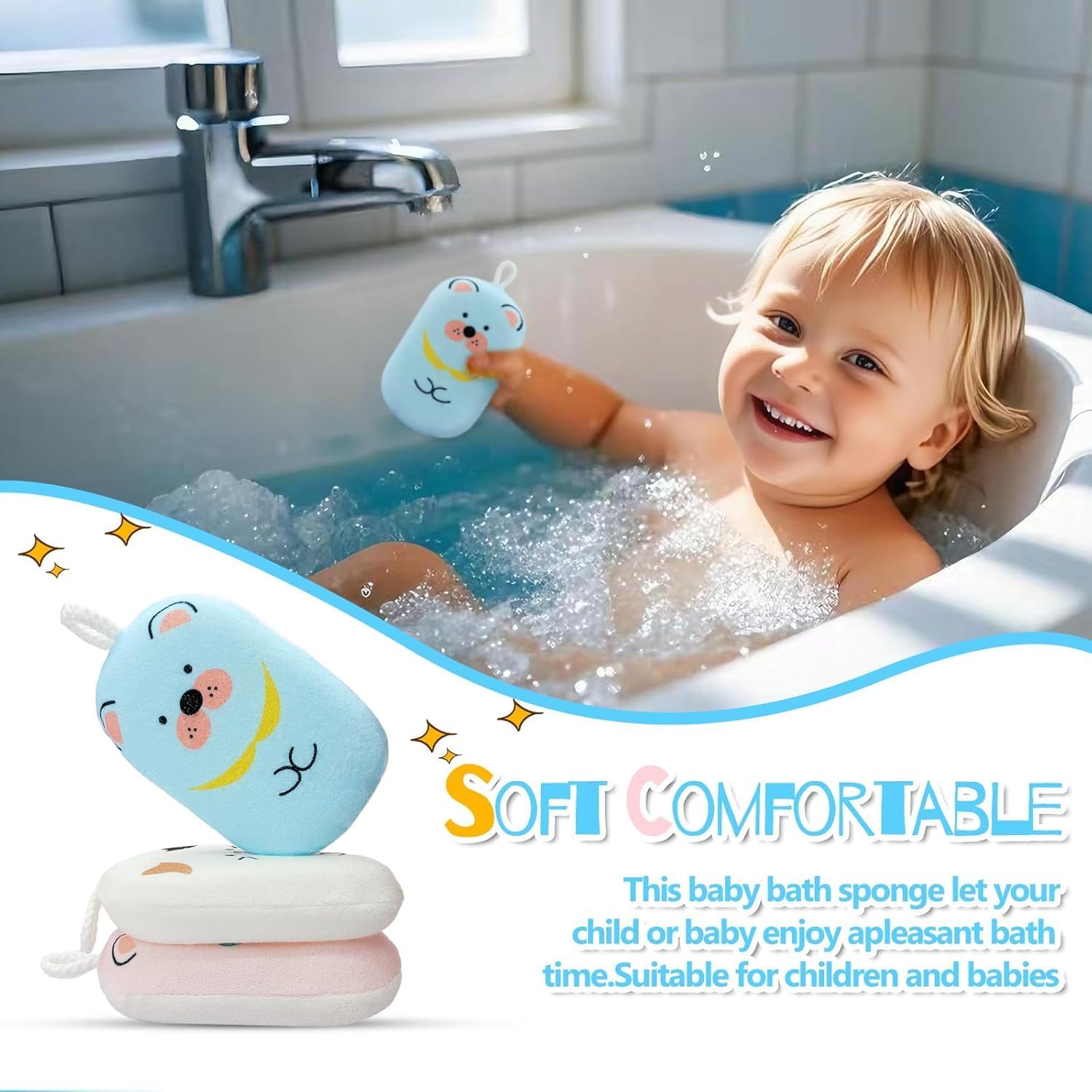 Bath Sponge Shower Loofahs-4 Pack Baby and Kids Bath Loofah Sponge, Soft and Absorbent Toddler Exfoliating Body Scrubber Shower Loofa Sponge Cute Pattern Design for Kids Baby Women Boys and Girl