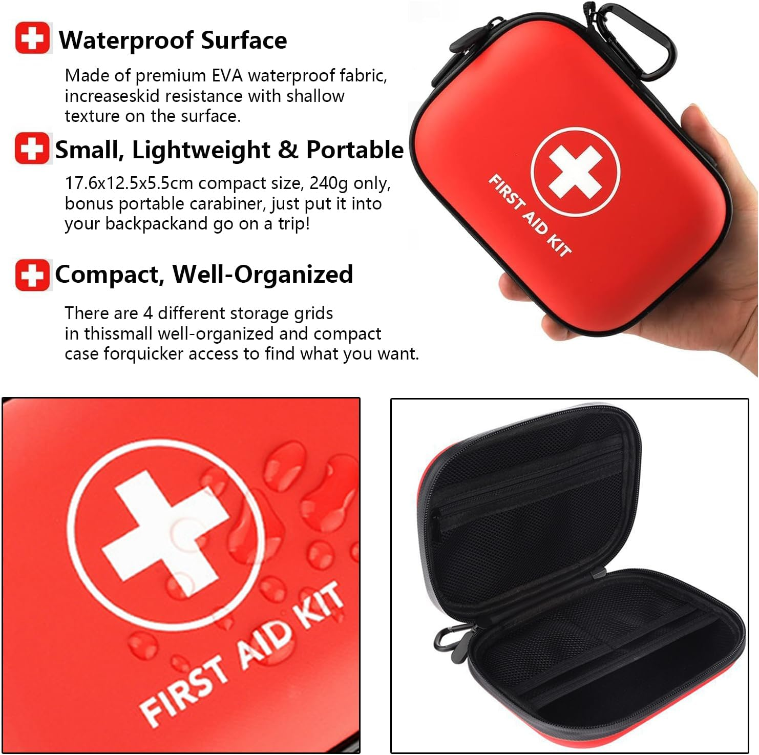 103Pcs First Aid Kit for Car, Home & Travel &ndash; Compact Emergency Medical Supplies for Survival, Camping, Hiking, Office &ndash; Waterproof Portable Case with Essential First Aid Gear (Red, 103Pcs) image number 3