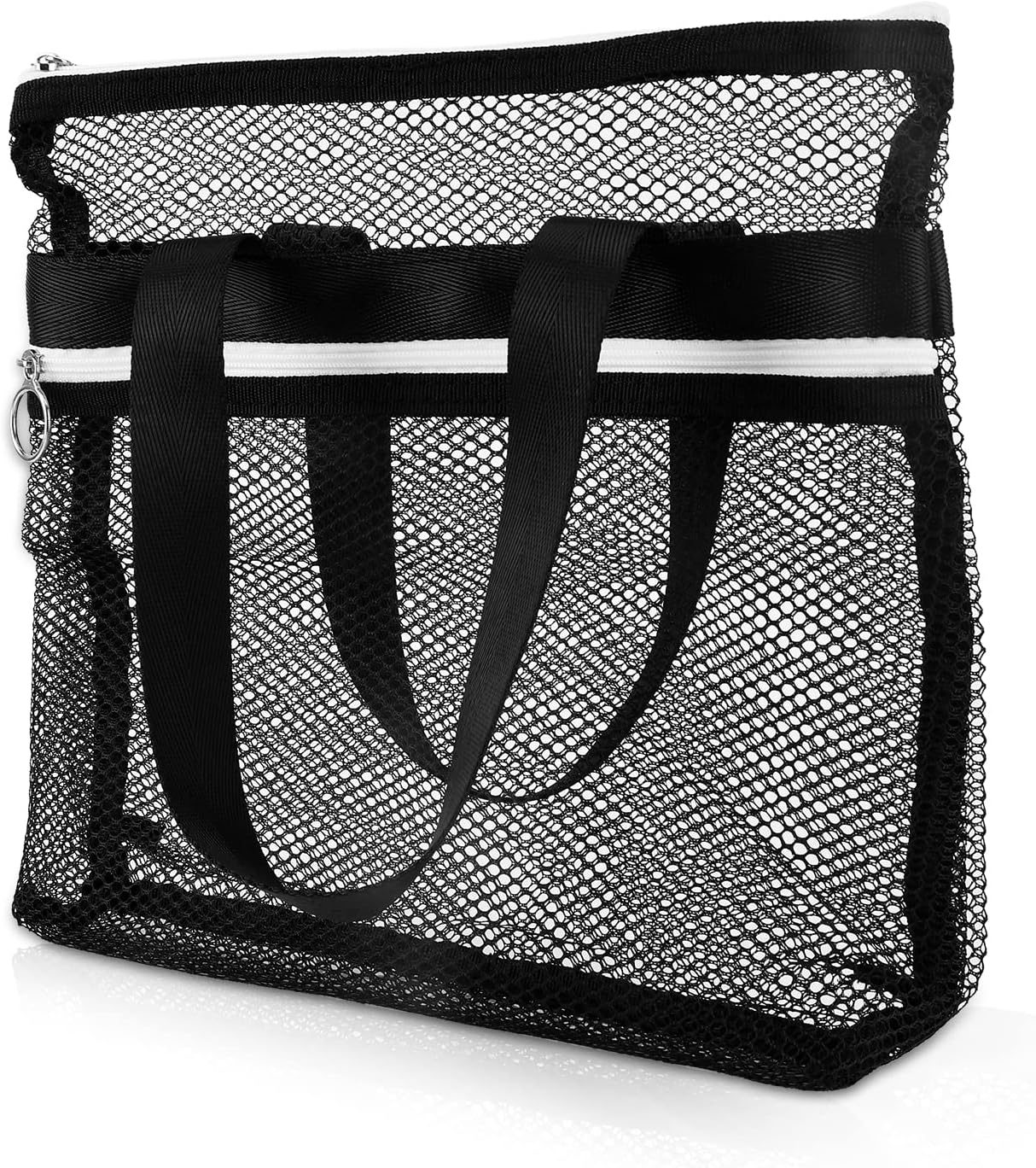 Mesh Zippered Shower Bag, Polyester Large Shower Tote Bag Portable Bath Caddy Organizer with Handle and 2 Storage Pockets Quickly Dry Shower Bag for Dorm Room Gym Camping (Black)