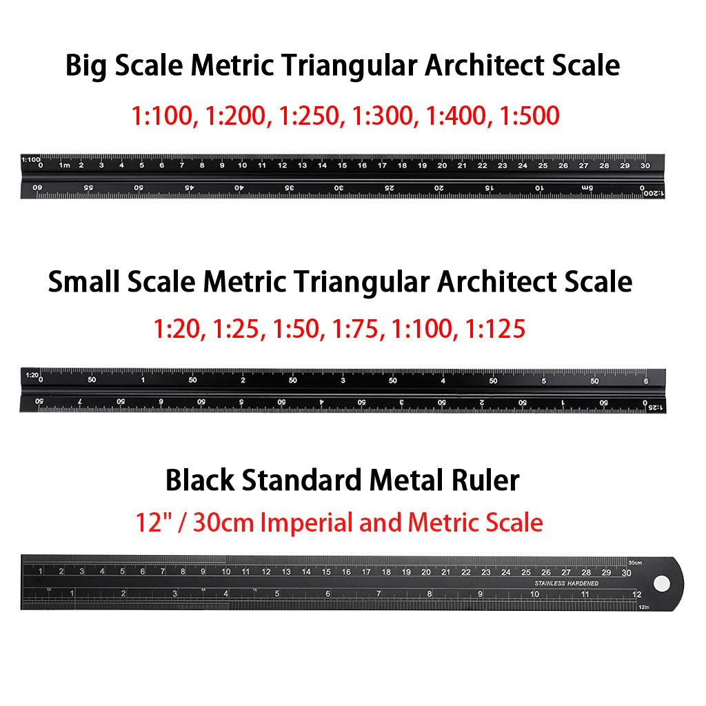 Ownmy 30CM Solid Aluminum Metric Triangular Architect Scale Ruler Set, Architectural and Engineer Scale Ruler Set Professional Laser Etched Scales Drafting Rulers for Blueprints and Civil Engineering image number 5