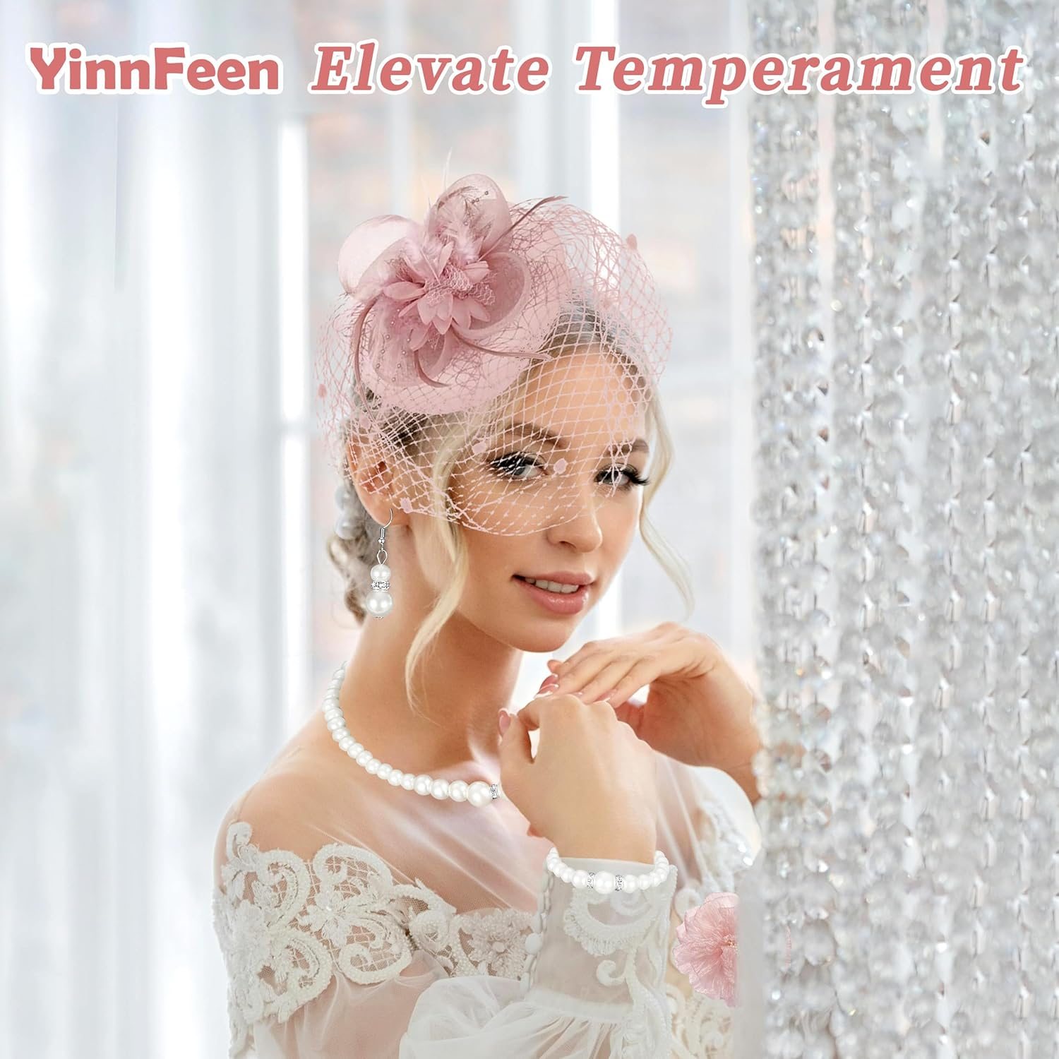 Yinnfeen 6 Pcs Tea Party Fascinators Hat for Women, Mesh Veil Headband with Pearl Necklace Earring Bracelet Lace Glove Brooch image number 6