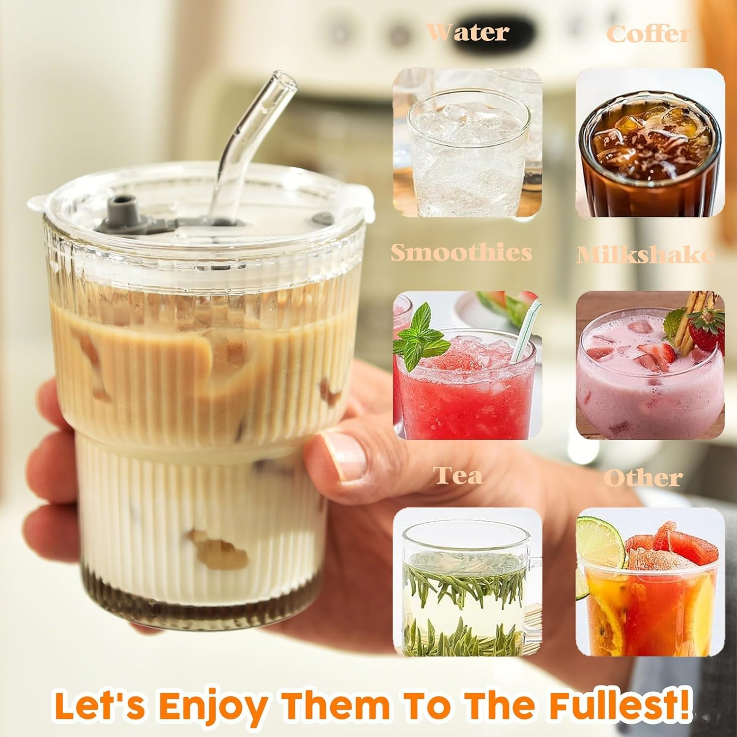 14Oz Glass Tumblers with Lids and Straws, Set of 2 - Stylish Ribbed Design Drinking Glasses for Iced Coffee Cups, Juice, Smoothies, Cold Beverages, Includes Cleaning Brush, Durable Glassware image number 6