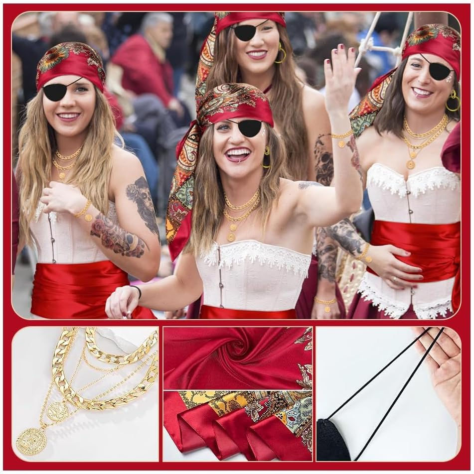 Halloween Women Pirate Costume Accessories Set for Men Pirate Head Scarf Necklace Belt Dress Accessories Pirate-Party Cosplay Renaissance image number 2