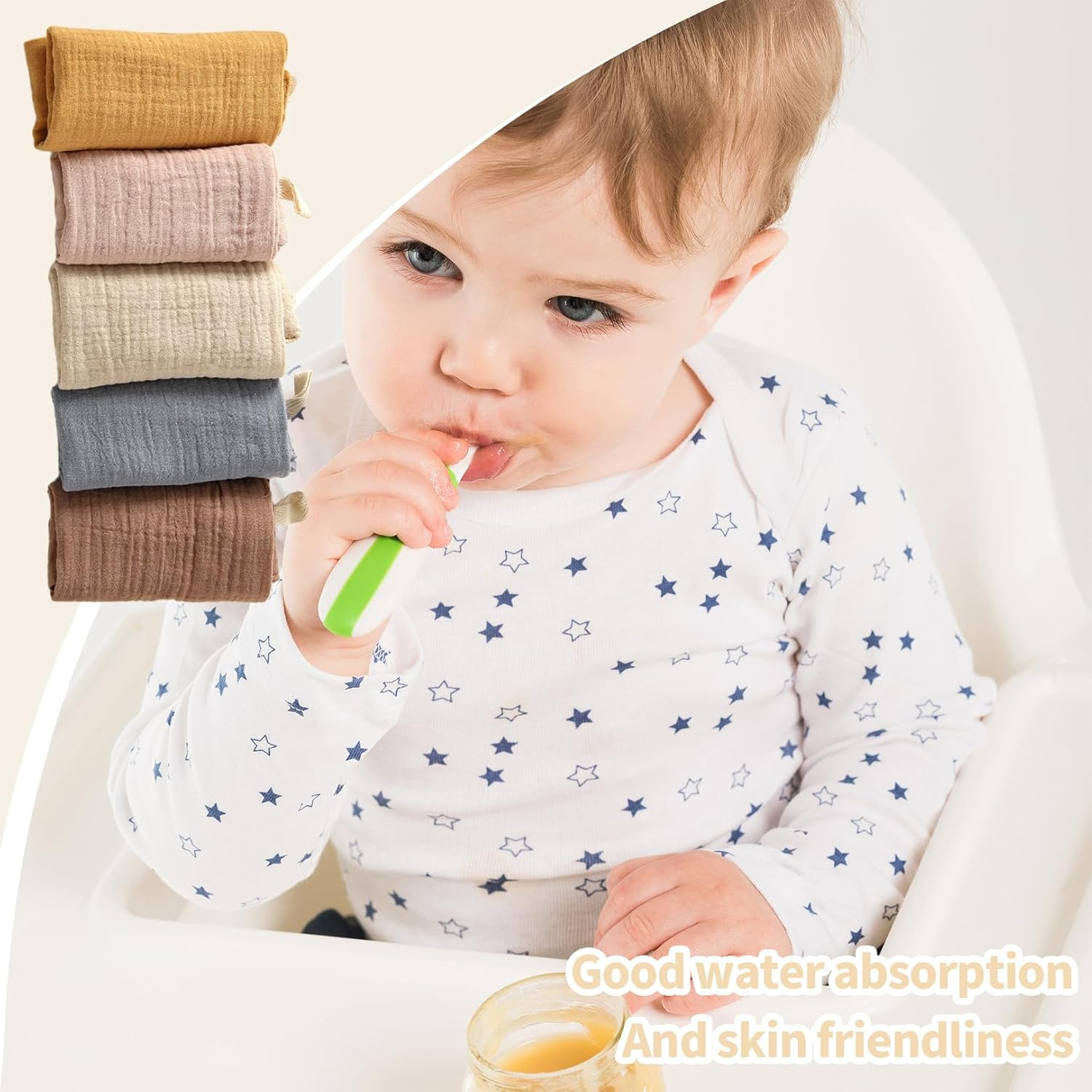 Toumett 5 Pcs Muslin Cloths for Baby,Wash Face Muslin Squares,Baby Essentials for Newborn,Burp Cloths,Natural Cotton,For Newborn Baby/Boy/Girl Wiping Bathing Feeding (23X22Cm)