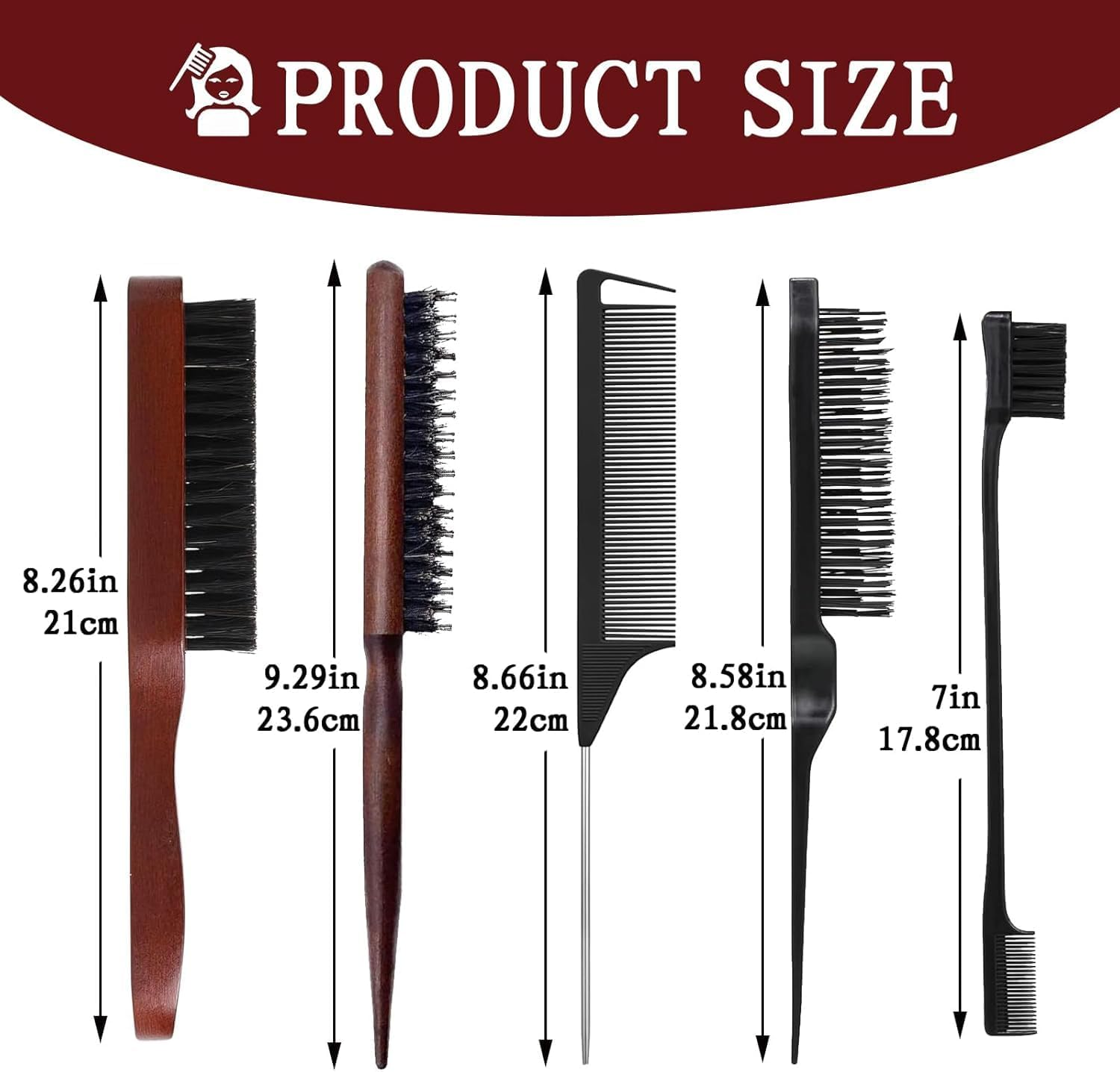 FOTOEVFC Boar Bristle Hair Brush Set, 5Pcs - Slick Back, Teasing, Quiff Roller, Anti-Static, Black image number 4