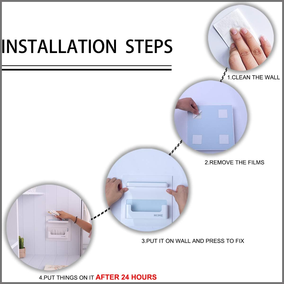 OKOMATCH Bedside Shelf - Stick on Wall Mounted Bed Room,Dorm,Office Adhesive Floating Accessories Caddy Organizer/Holder for Phone,Glasses,Remote Control,Keys,Pens - Plastic Material- White image number 2