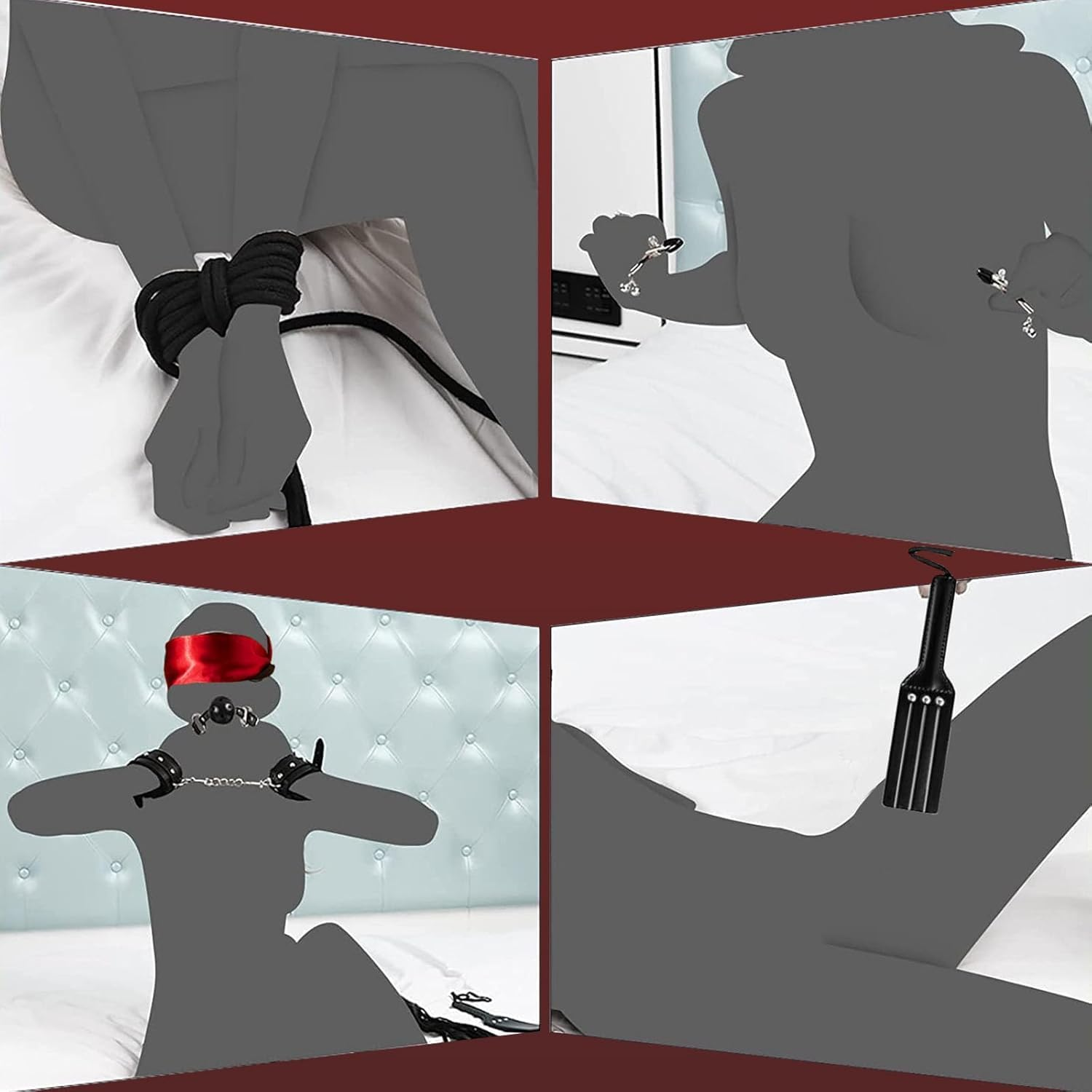 Sex Bondage BDSM Restraints Sex Toys 10 Pcs Set, SM Sex Toy Adult Toys Games Cuffs Gag Blindfold Spanking Paddle Safe Fetish Bed BDSM Kit Cuffs Nipple Clamps Ball Gag Rope Cosplay for Women Couples (Black&Red) image number 2