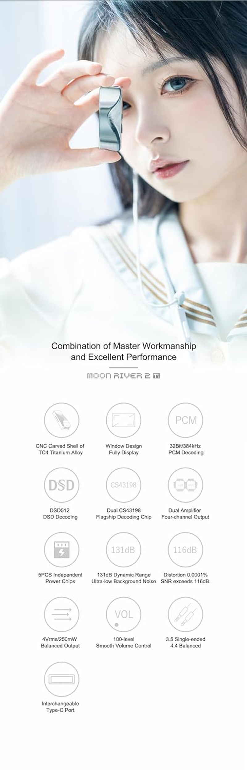 MOONDROP MOONRIVER 2:TI Portable DAC/AMP DSD512 DSD Decoding Dual CS43198 Interchangeable Type-C Port Decoder image number 1
