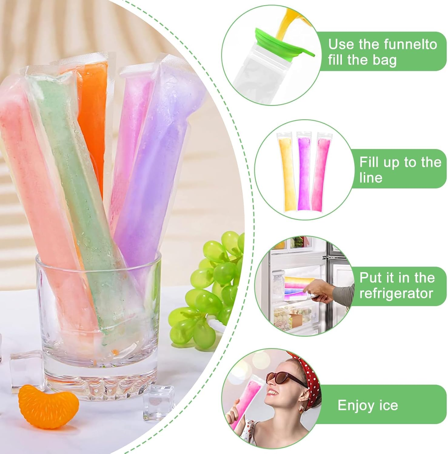 Pack of 200 Water Ice Bags with Funnel, Bpa-Free Ice Moulds for DIY Ice Lollies, Yogurt, Juice & Smoothies, Ice Pop Bags - Disposable Popsicle Bags for Homemade Water Ice Cream image number 3