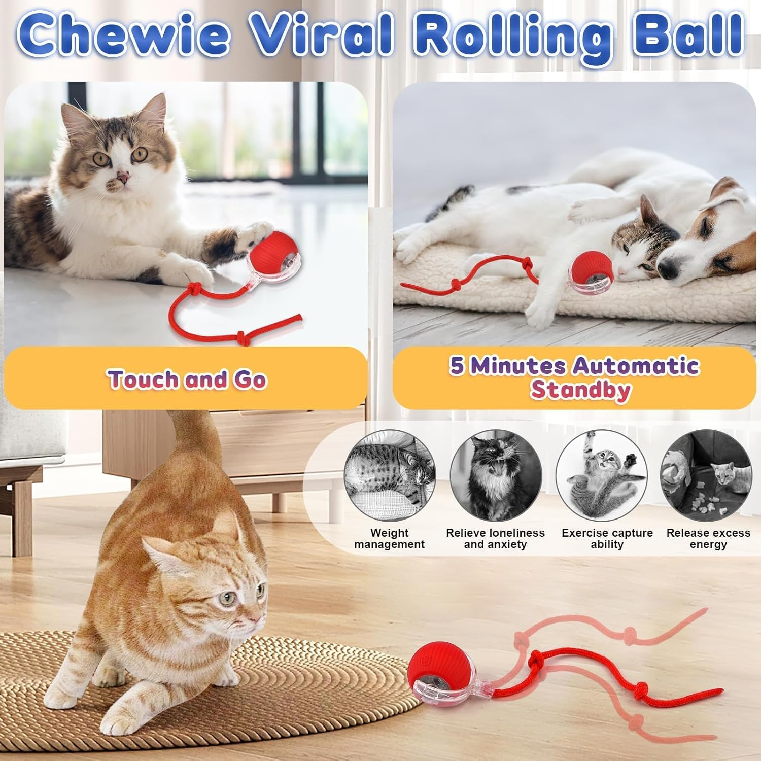 Xinrongda Interactive Cat Toy Ball, Cat Toys for Indoor Cats Adult, 360&deg;Smart Automatic Rolling Ball for Cats Dogs, USB Rechargeable Cat Toys, Moving Dog Ball for Pets,Red