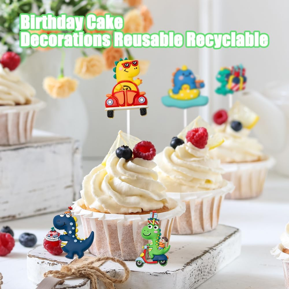Sxutop 14 PCS Birthday Cake Cute Toppers Tropical Palm Leaves Cake Toppers Dinosaur Decoration with Gifts in Hand Cake Toppers Dinosaurier Theme Cake Supplies for Theme Birthday Baby Shower Party