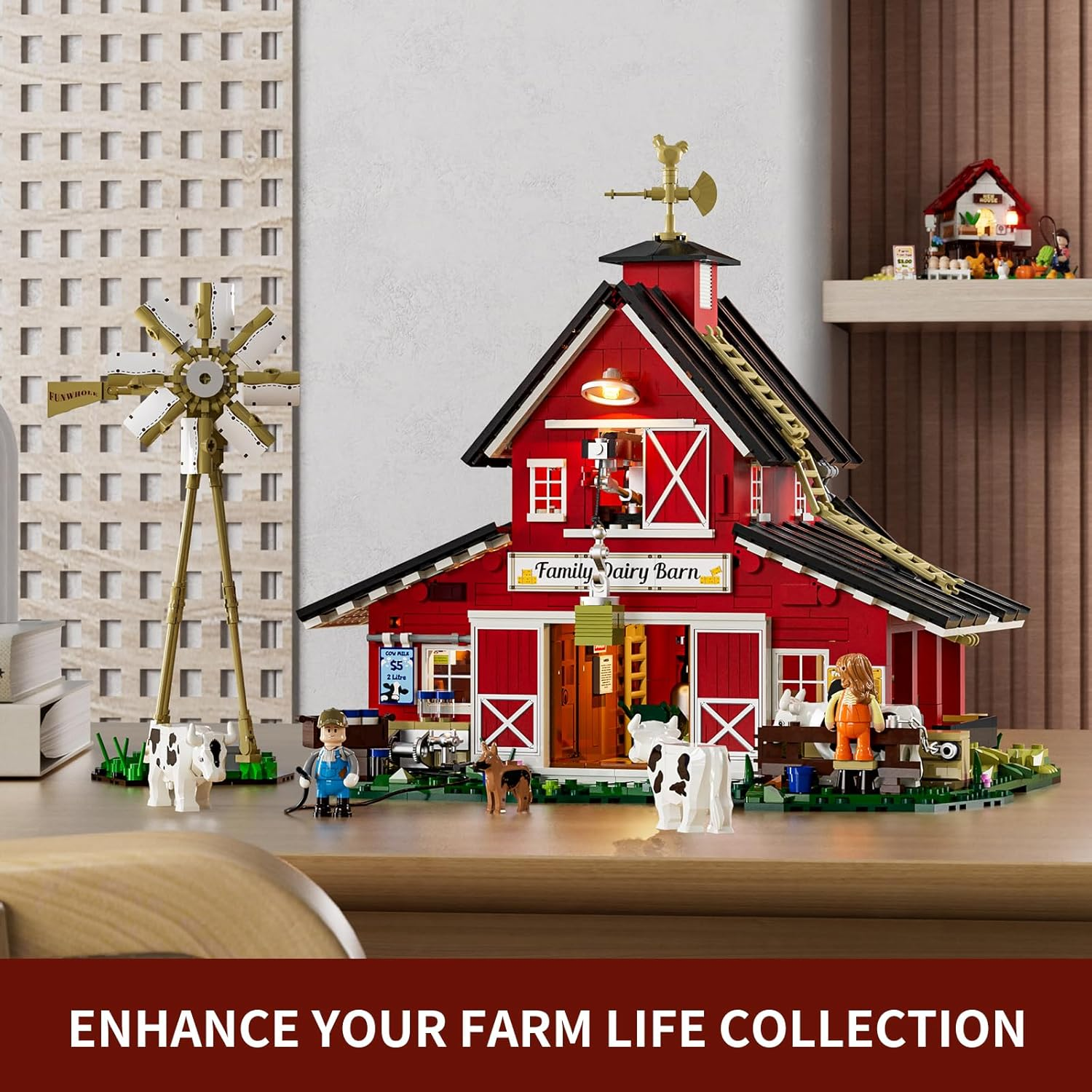 FUNWHOLE Farm Cow-Barn Lighting Building-Bricks Set - Farm Life Cow Barn House Collection LED Light Building Construction Set 1368 Pcs for Adults and Teen image number 1