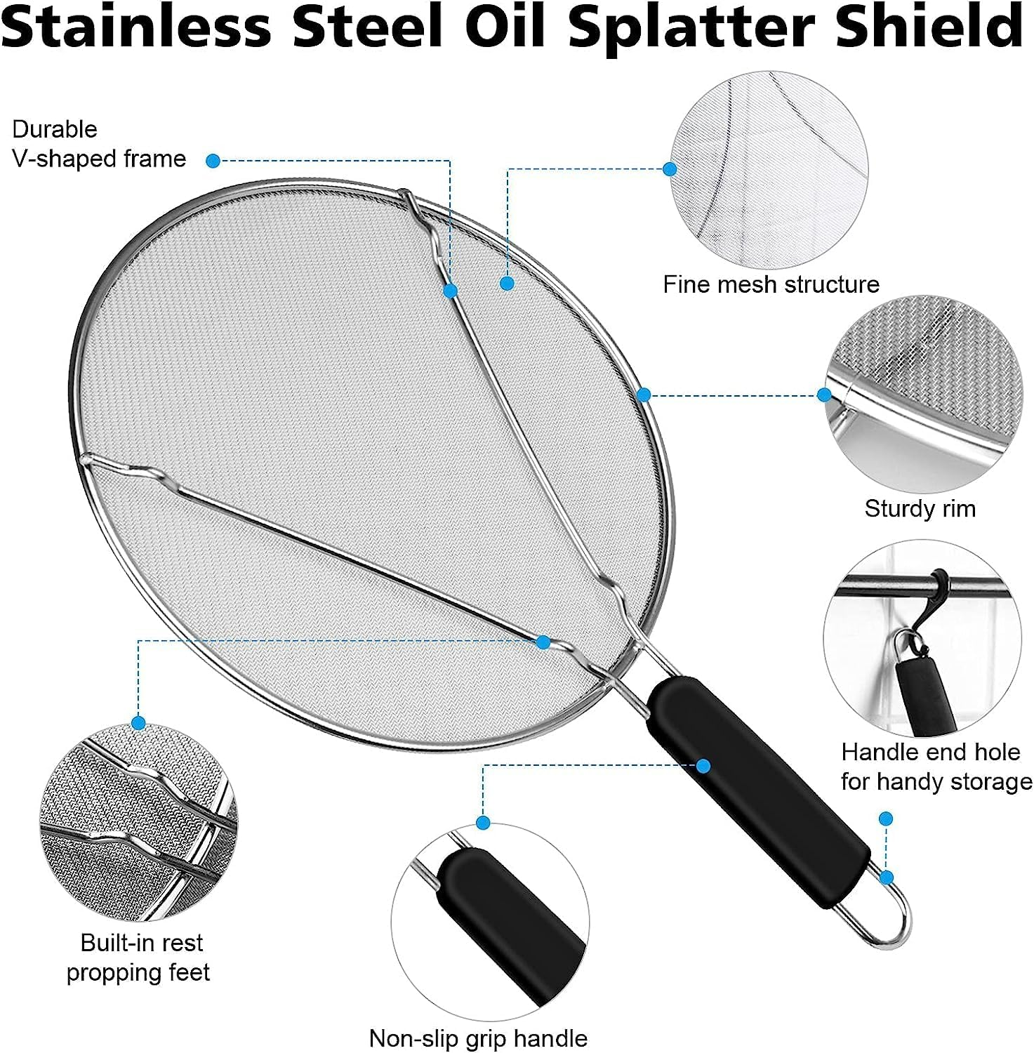 13" Grease Splatter Guard, Splash Guards Oil Splatter Screen Stain Steel Mesh Silicone Insulated Handle for Cooking Skillet Frying Pan image number 2