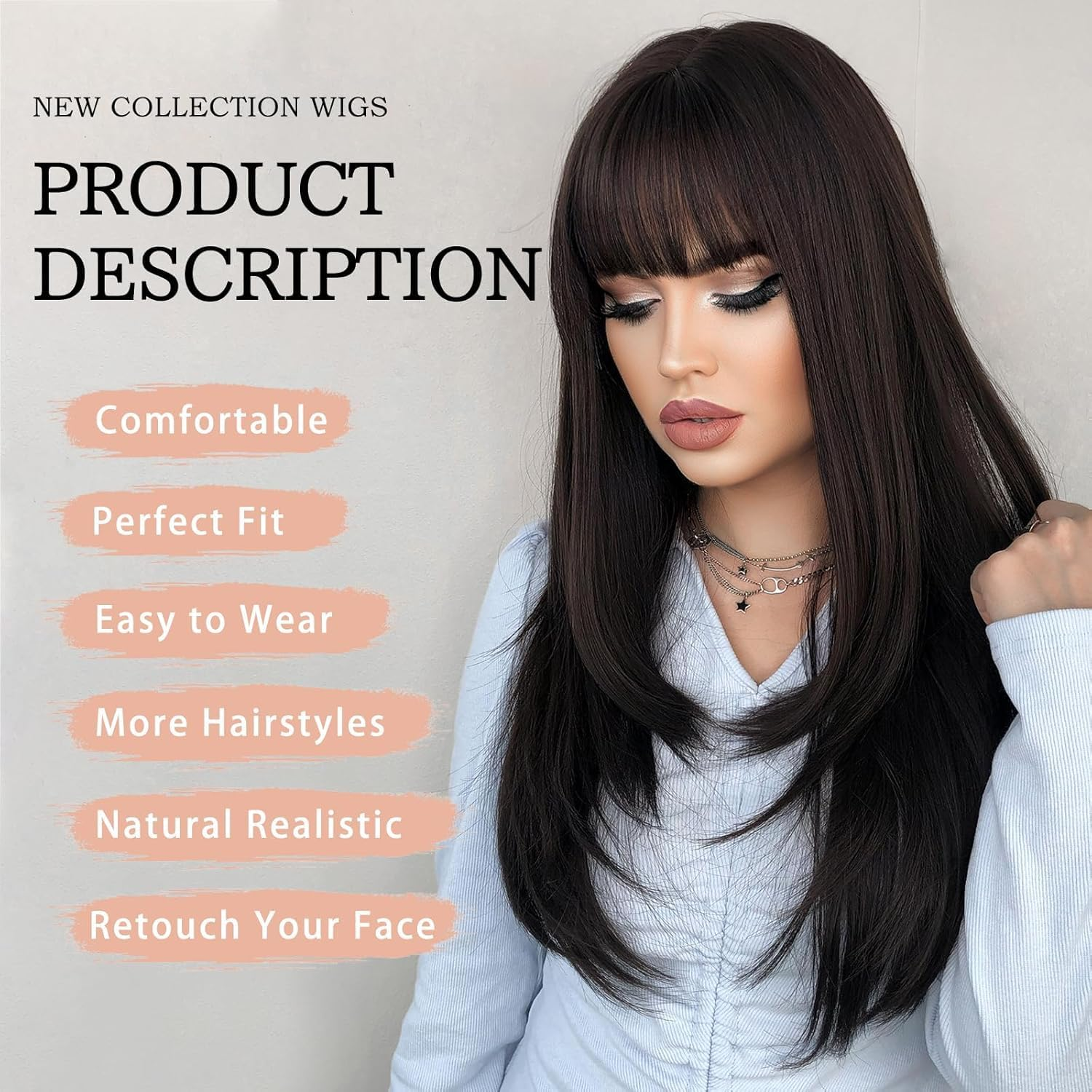 XILIYAI Long Black Straight Wigs for Women 26 Inch Glueless Realistic Synthetic Wig with Bangs Heat Resistant Natural Layered Wig for Girls Daily Party Cosplay - Black-Wavy image number 5