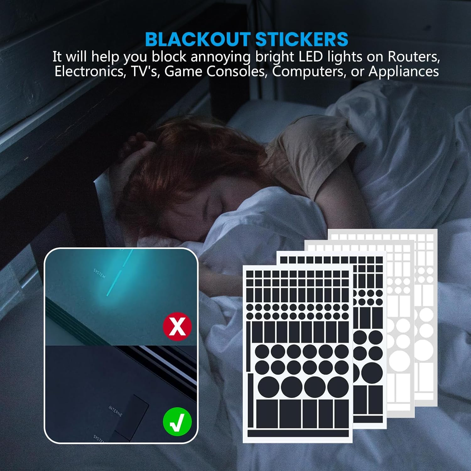 Agwenkui 4 Pcs LED Light Blocking Stickers (2 White + 2 Black) - Light Dimming Filters & Covers for Routers, Tvs, Monitors, Reduce LED Glare, Adhesive Blackout Sheets for Electronic Devices image number 1