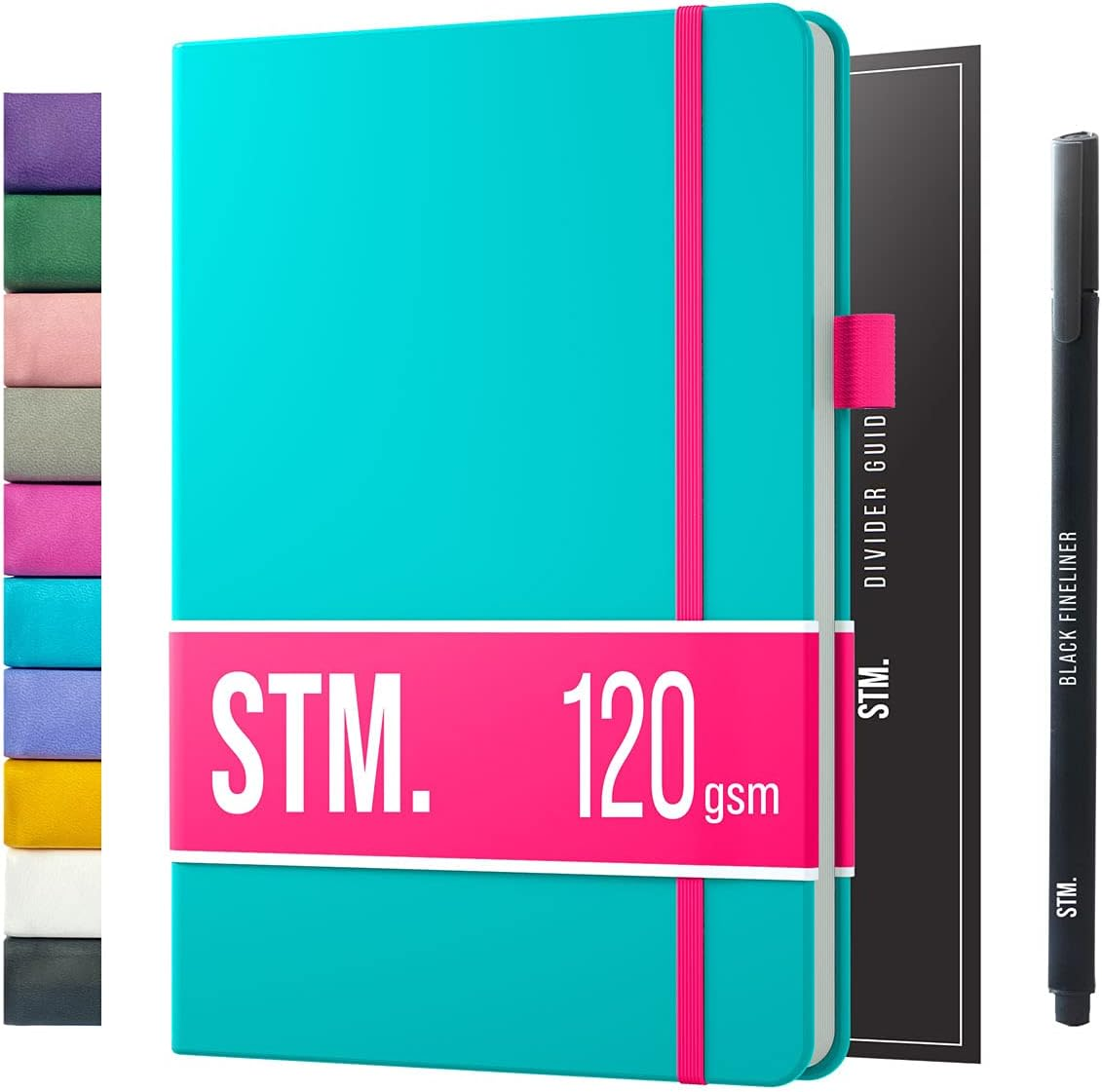 A5 Bullet Dotted Journal Notebook by STM | Thick Bleedproof 160Gsm Paper, 150 Pages | Lay Flat Vegan Leather Hardcover | 2 Bookmarks, Printed Page Numbers | Black Pen | 5.75 X 8.5 in | Bottle Green