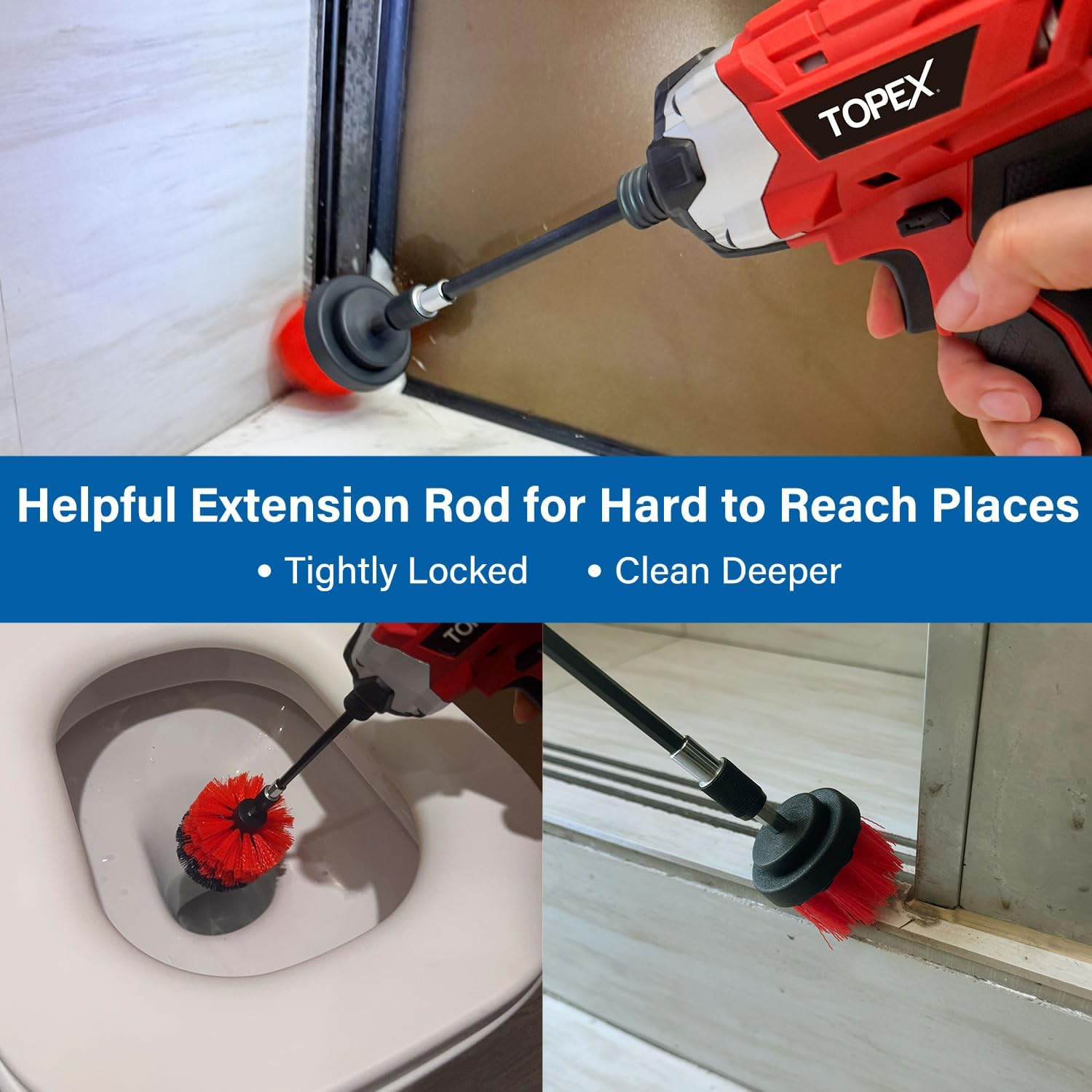 TOPEX 14-Piece Drill Brush Attachment Kit, 2-In-1 Clean & Polish Power Scrubber Set for Scrubbing- Multi Surface Use on Household, Auto Detailing with Assorted Brushes, Pads & Extension Rod image number 1