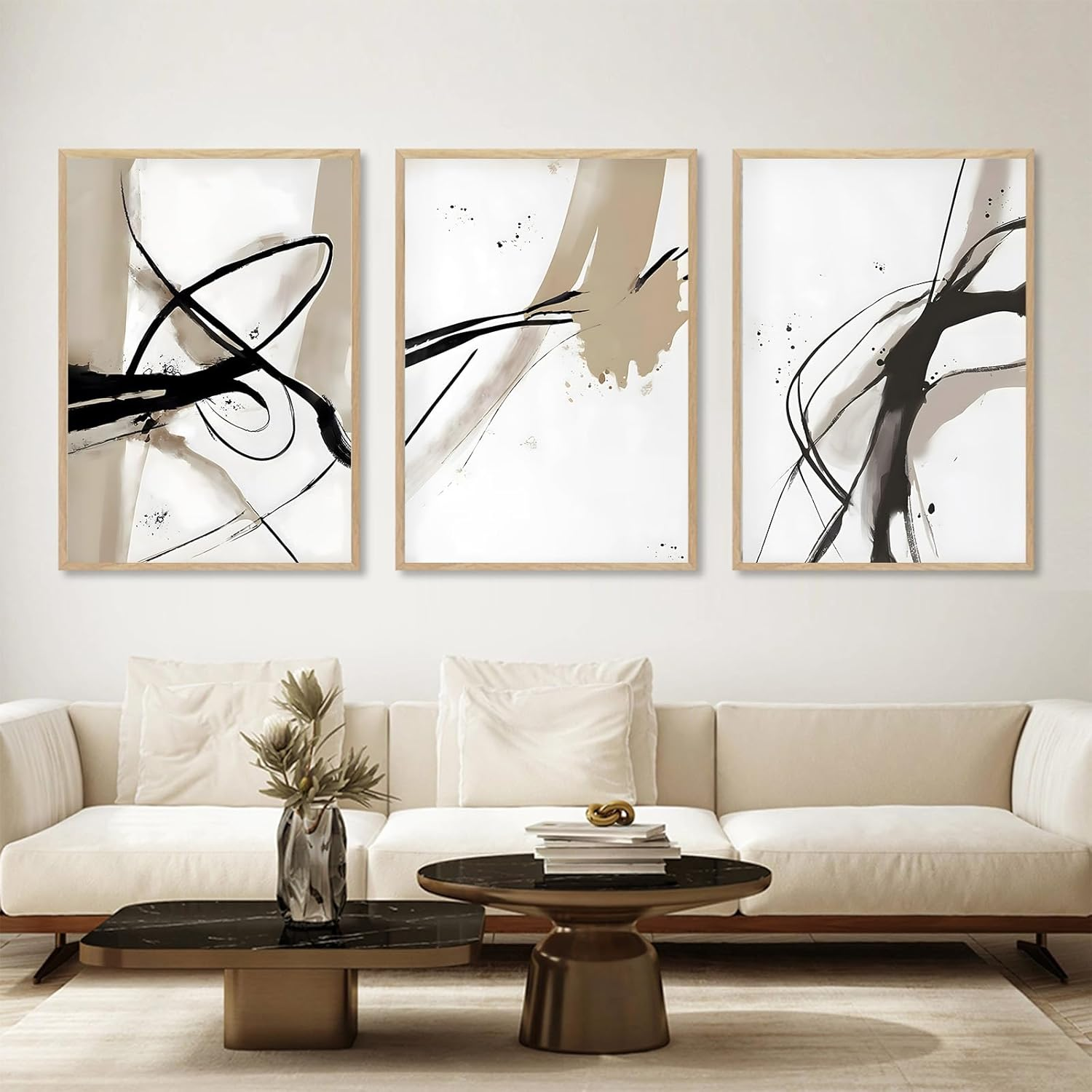 Black and Beige Abstract Canvas Wall Art - Neutral Abstract Prints - Minimalist Painting - Line Art Posters - Brown Black and Beige Picture - Neutral Artwork for Walls - 16X24Inchx3 No Frame