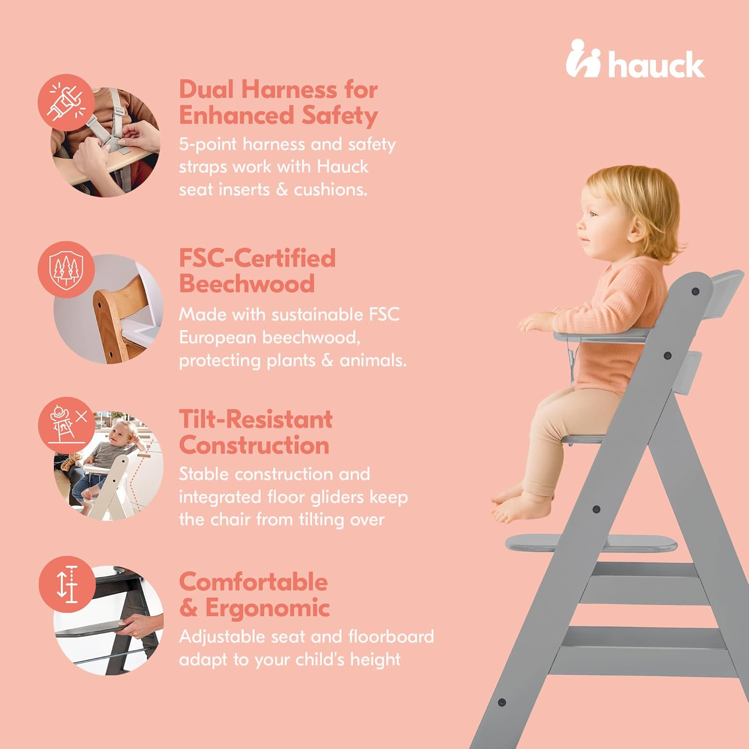 Hauck Alpha+, Grey - Wooden High Chair 6 Months to Adult Sustainable FSC&reg; Certified Beechwood Toddler Feeding and Entertainment Chair, Inclusive 5-Point Harness Bumper Bar Crotch Strap image number 2