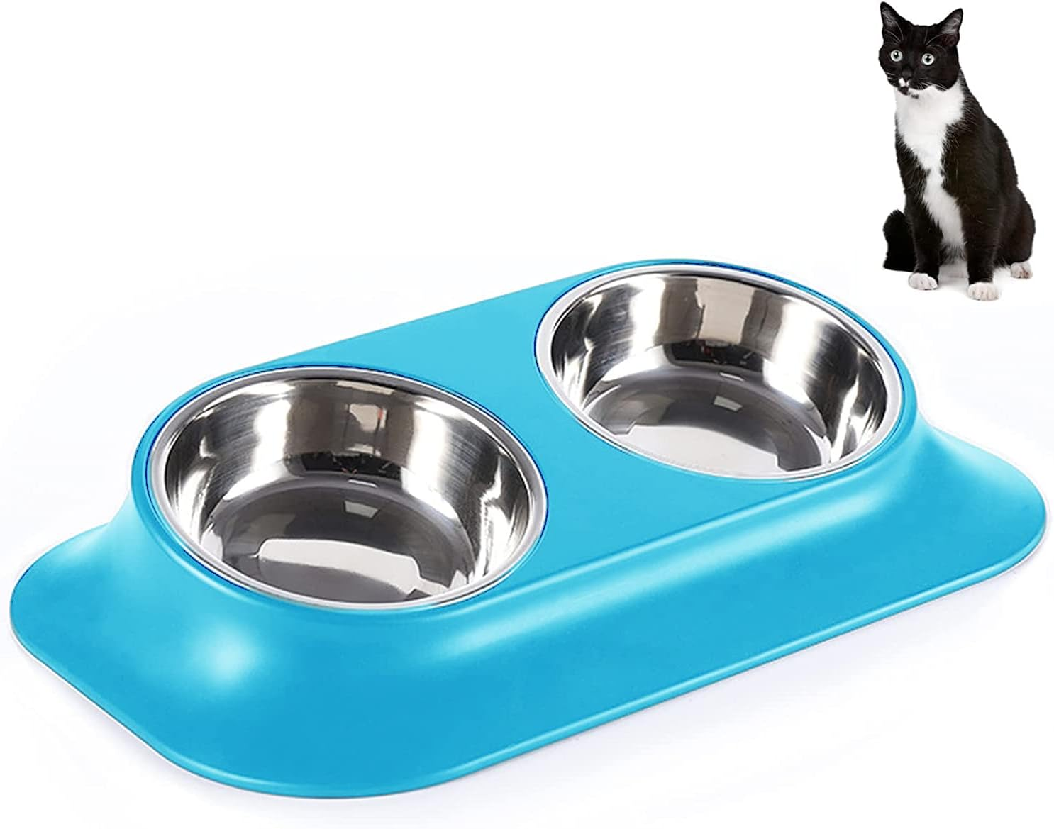 Raised Cat Bowl Pet Bowl,Stainless Steel Elevated Small Dog Bowls,15&deg;Tilted Whisker Reliefs Fatigue Free Stress anti Vomiting Cat Food Water Bowls,Non Slip Cat Feeding Bowls (Double Bowl/Blue)