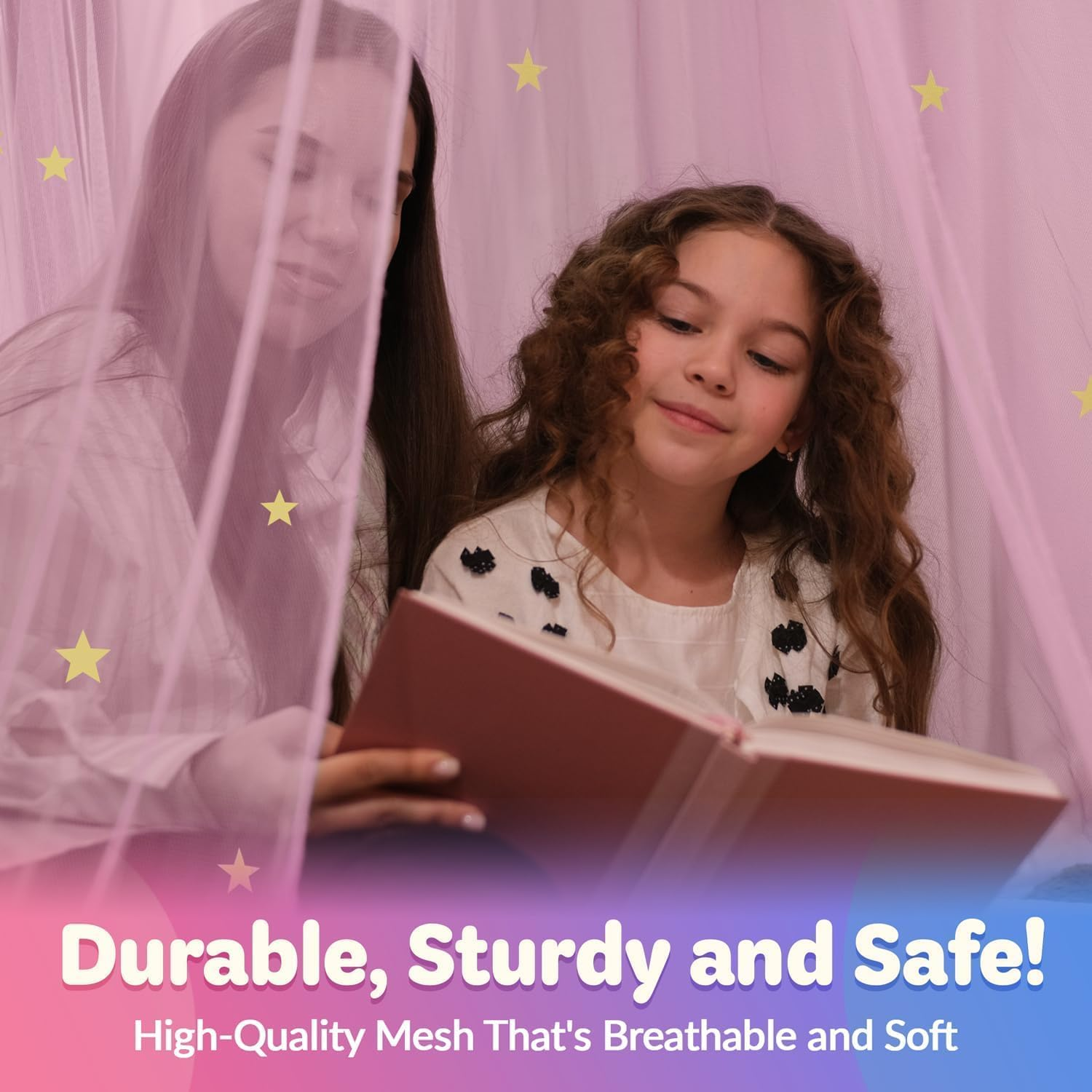 Bollepo Pink Bed Canopy for Girls with Glowing Stars - Canopy Bed Curtains | Fits Single, Twin, Full, Queen Size Kids Bed, Princess Netting Room Decor, Ceiling Tent to Cover Toddler, Canopy for Bed