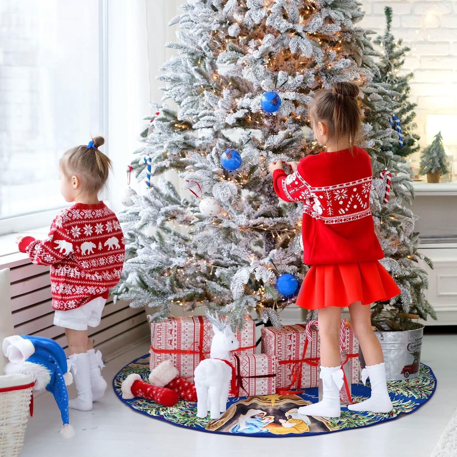 Nativity Christmas Tree Skirt Joy to the World Winter Tree Mat Nativity Scene Decorative Tree Skirt Farmhouse Xmas Ornaments Rustic Vintage Christmas Decor for Holiday Party(Blue,48 Inch) image number 2