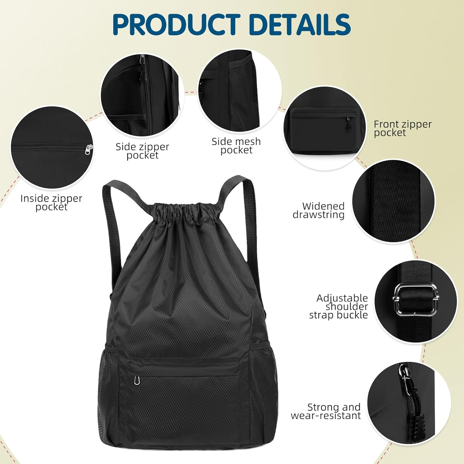 Drawstring Backpack, Waterproof Backpack with Mesh Side Pocket, Sport Gym Bag for Women/Men, Outdoor String Backpack image number 3