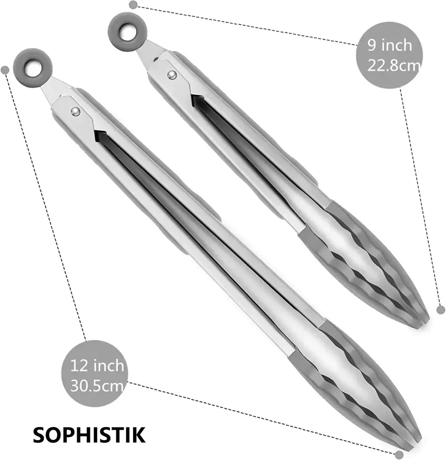 Sophistik Set of 2 Kitchen Tongs &ndash; 12" & 9" Premium Bpa-Free Non-Stick Silicone and Stainless Steel Food Tongs with Locking Mechanism, for Cooking, BBQ, and Grilling (Grey & Black) (Grey)