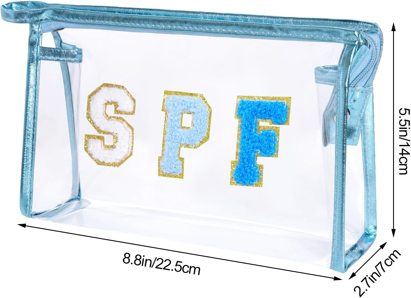 Clear Preppy Patch Makeup Bag, SPF Chenille Letter Bag for Beach, Clear Pouch with Zipper, Preppy Travel Bags Clear Cosmetic Toiletry Bag for Women Girls Teens, Blue SPF Blue - Blue Spf Blue image number 5