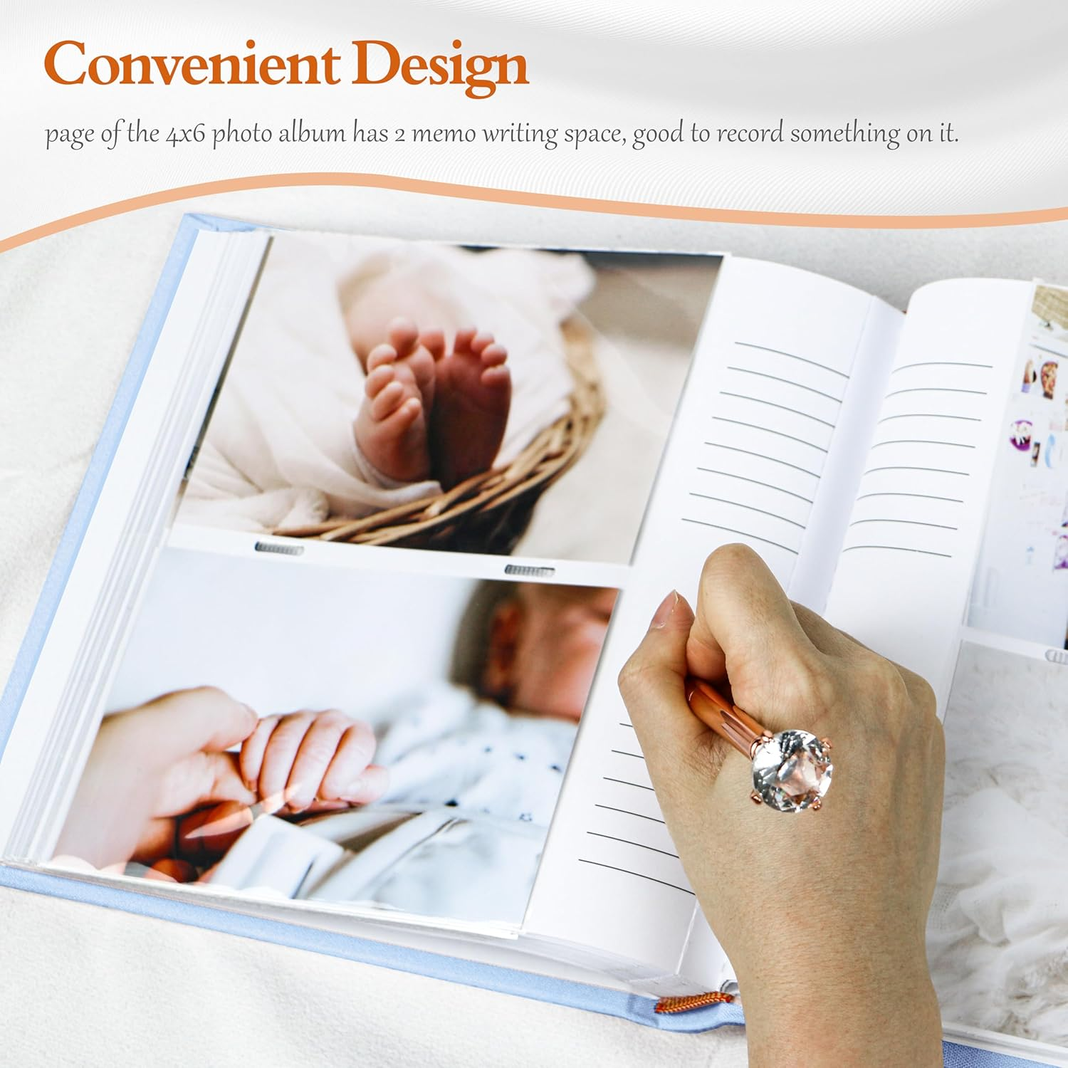 Holoary Baby Photo Album 4X6 100 Photos with Writing Area, 100 Pockets 4X6 Picture Album, Linen Fabric Cover Picture Book for Photos, Baby Photo Albums Hot Stamping Cover(Blue) - Blue image number 2