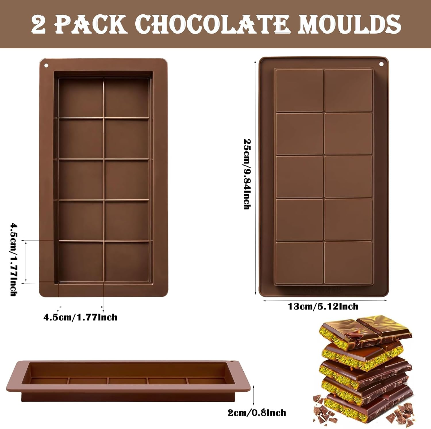 Chocolate Bar Mold,Bonlaer 2 Pcs Stuffed Chocolate Bar Molds Silicone Shapes,Diy Deep Chocolate Candy Kitchen Baking Moulds,10 Grids image number 3