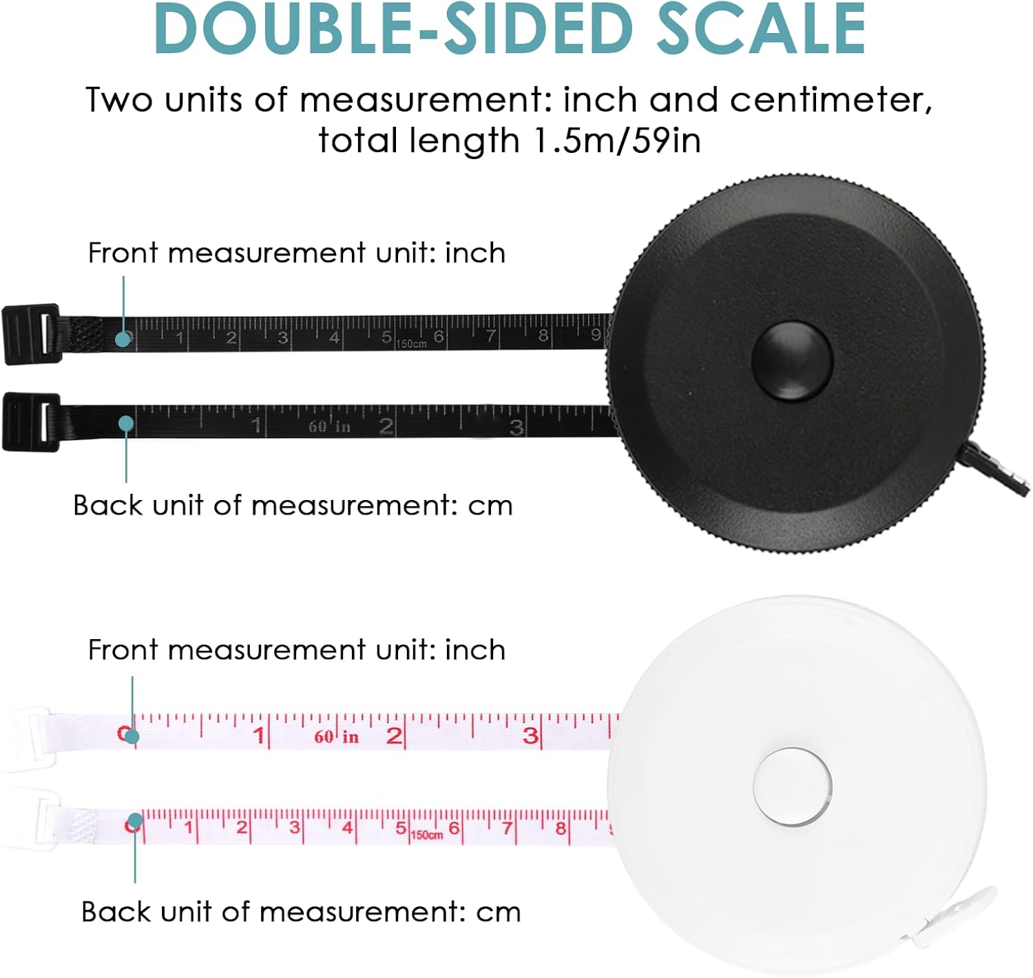 2 Pcs Retractable Measuring Tape, Dual Sided 150CM Soft Fabric Measuring Tape with Inch and Centimeter Scales for Sewing, Tailor, Crafts, Waist, Weight Loss Tracking, DIY Projects (Black & White) image number 1