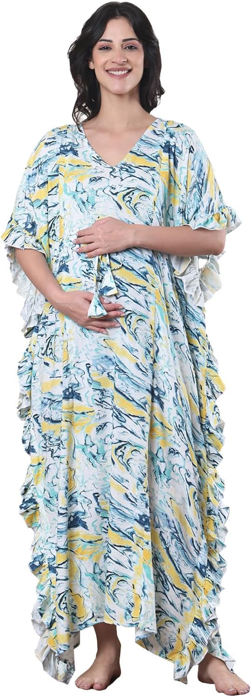 Secret Wish Blue Marble Rayon Maternity Kaftan/Maxi Nighty/Free Size/Feeding/Nursing/Zipper/Drawstring image number 5
