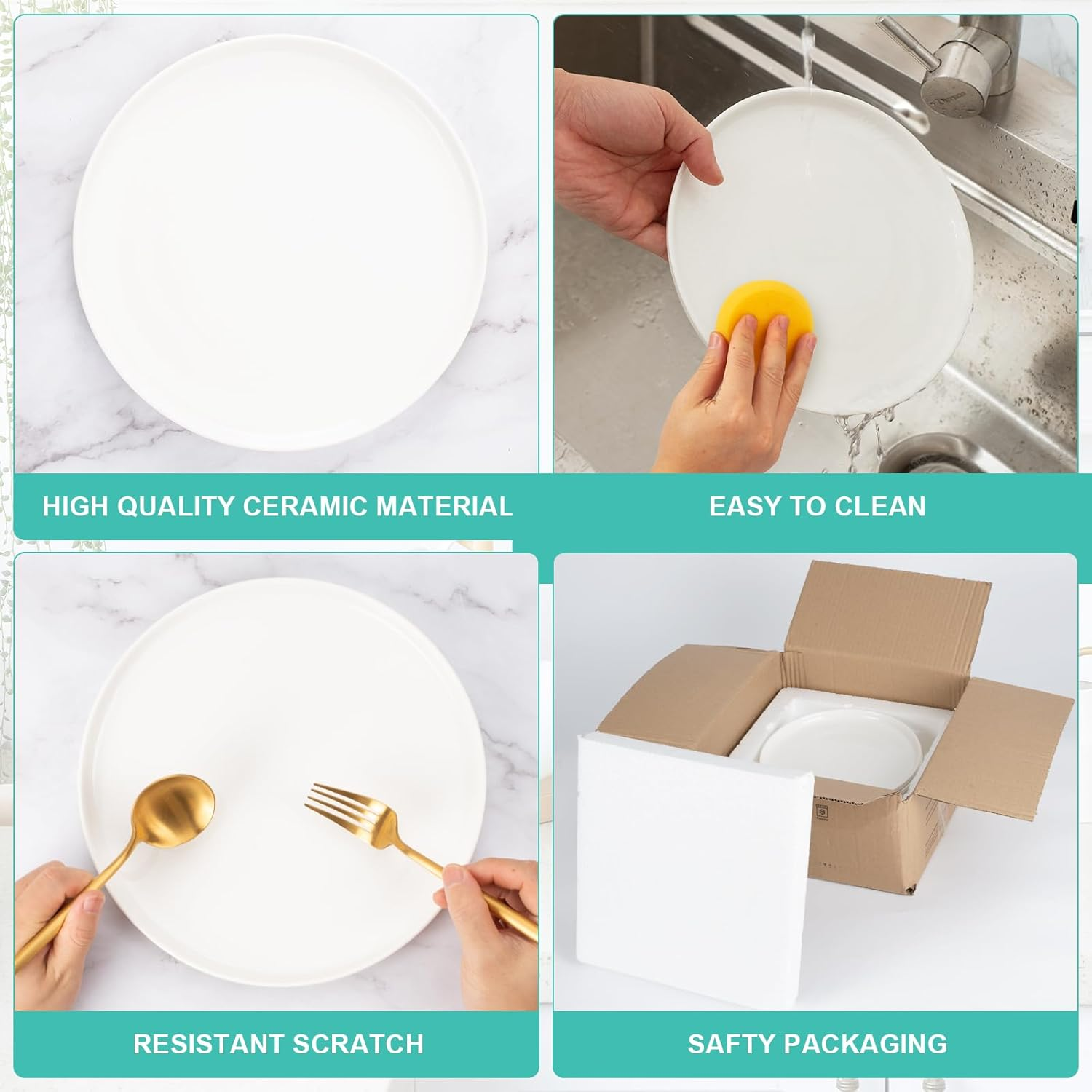 Antokueh White Ceramic Plates Set of 6, 8 Inch round Porcelain Salad Plate, 6-Piece Dishes with Shallow Edge for Appetizer, Steak, Dishwasher/Microwave Safe