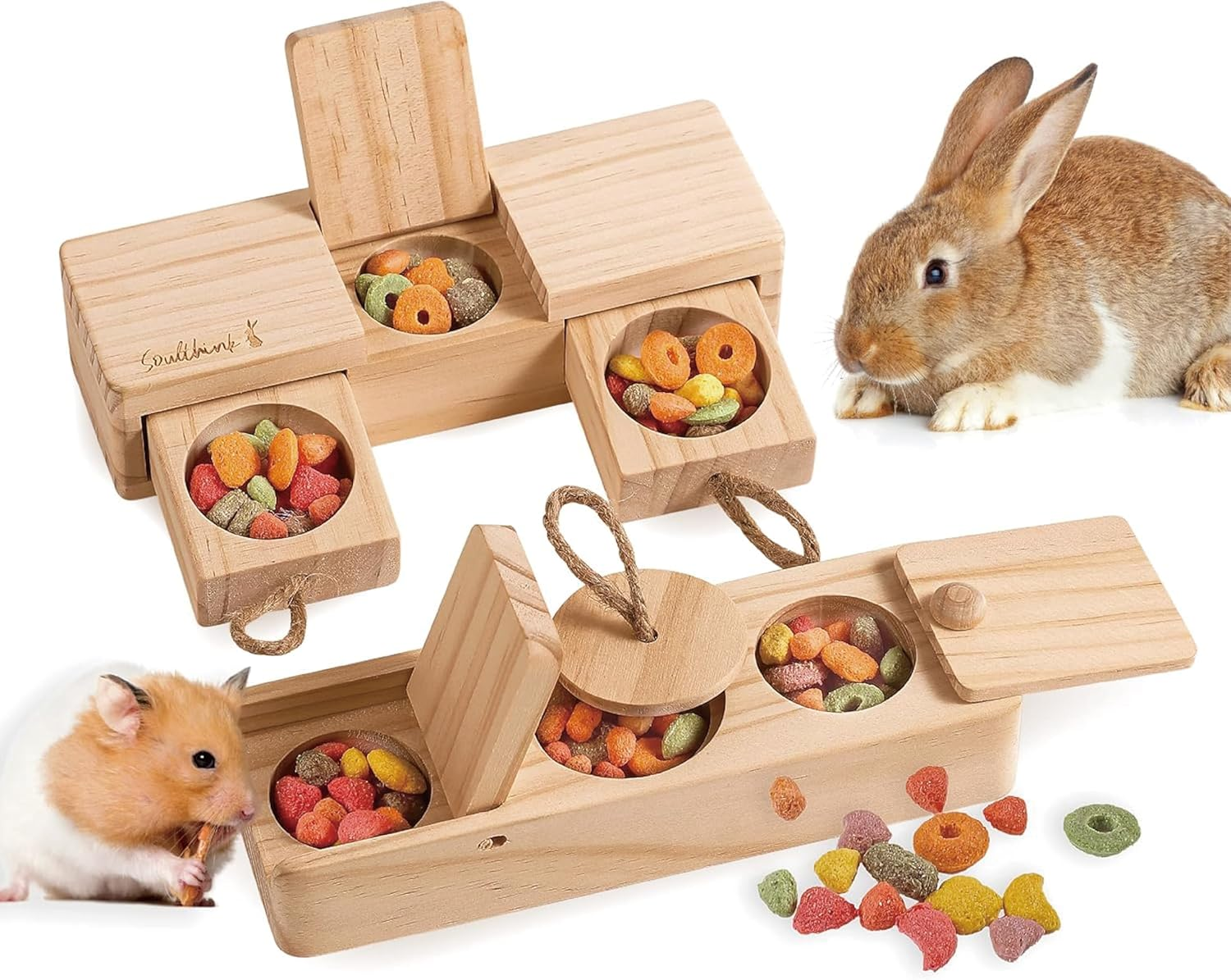 Soulthink&reg; Interactive Wooden Pet Rabbit Toys - Sniff N' Snack Bunny Chew Toys for Rabbit Treats, Suited as Guinea Pig Toys, Hamster Toys for Boredom, Bunny Toys for Rabbits Keep Busy (2 Sets)
