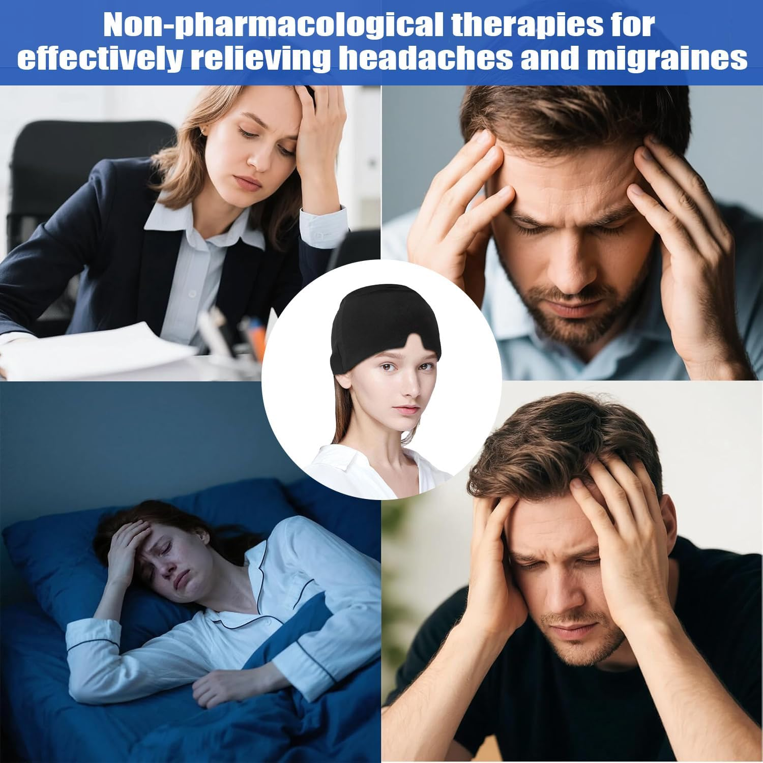 Migraine Relief Cap- 370G Gel, 360&deg; Soothing Headache Cap, Ice Pack Mask Compress Cooling Gel Head Wrap for Tension, Stress, Hangover & Puffy Eyes. (360&deg;, 370G) image number 3