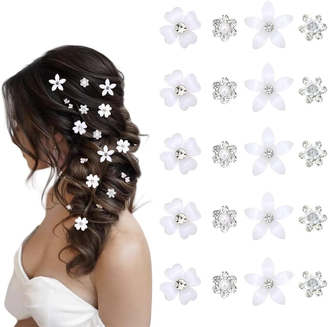 WUSJCOF Pack of 20 Hair Flower Clips Communion Wedding Girls Women with White Rhinestones 4 Styles Ceremony Decorations image number 3