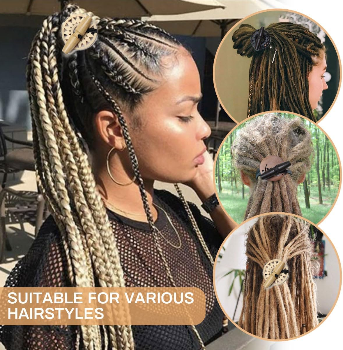 Kraler 3 Pcs Dreadlock Hair Ties for Thick Hair, Elastic Loc Bands with Hand-Carved Wooden Toggle, Boho Style Hair Accessories（White Brown Black） image number 3