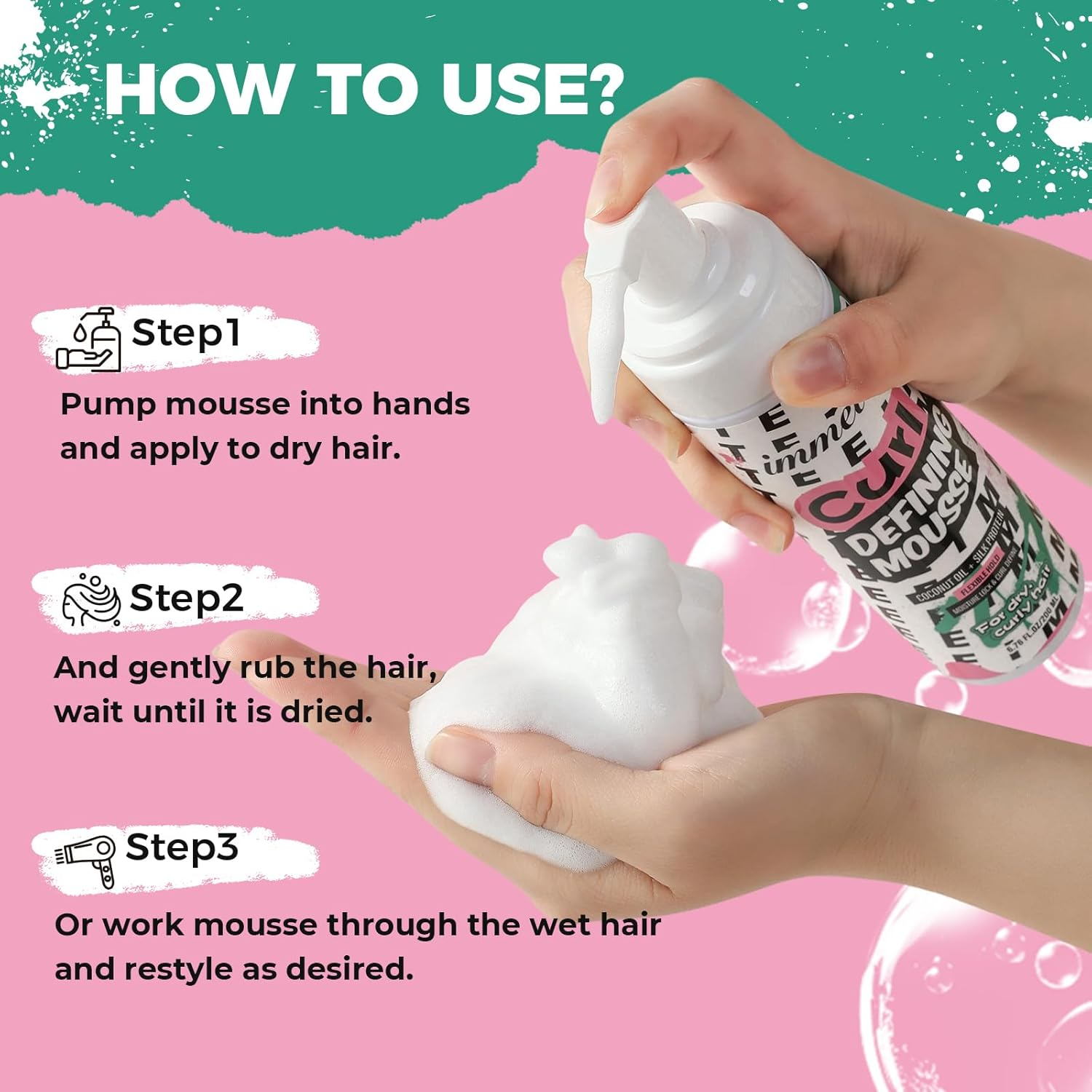 Immetee Curly Hair Mousse, Coconut Oil and Silk Protein for Frizz Control Styling Mousse, Extra Moisture Lock and Curl Define for Curly Hair Products.200Ml/6.76Fl Oz image number 6