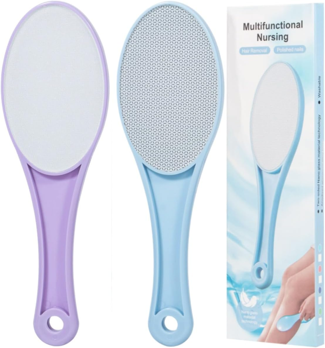 Nano Glass Foot File Callus Remover, 2 Pack Hard and Dead Skin Remover for Feet, Double Sided Foot Scrubber Hygienic Pedicure Tool, Hair Eraser for Softer and Smoother Feet Hands, Blue Purple