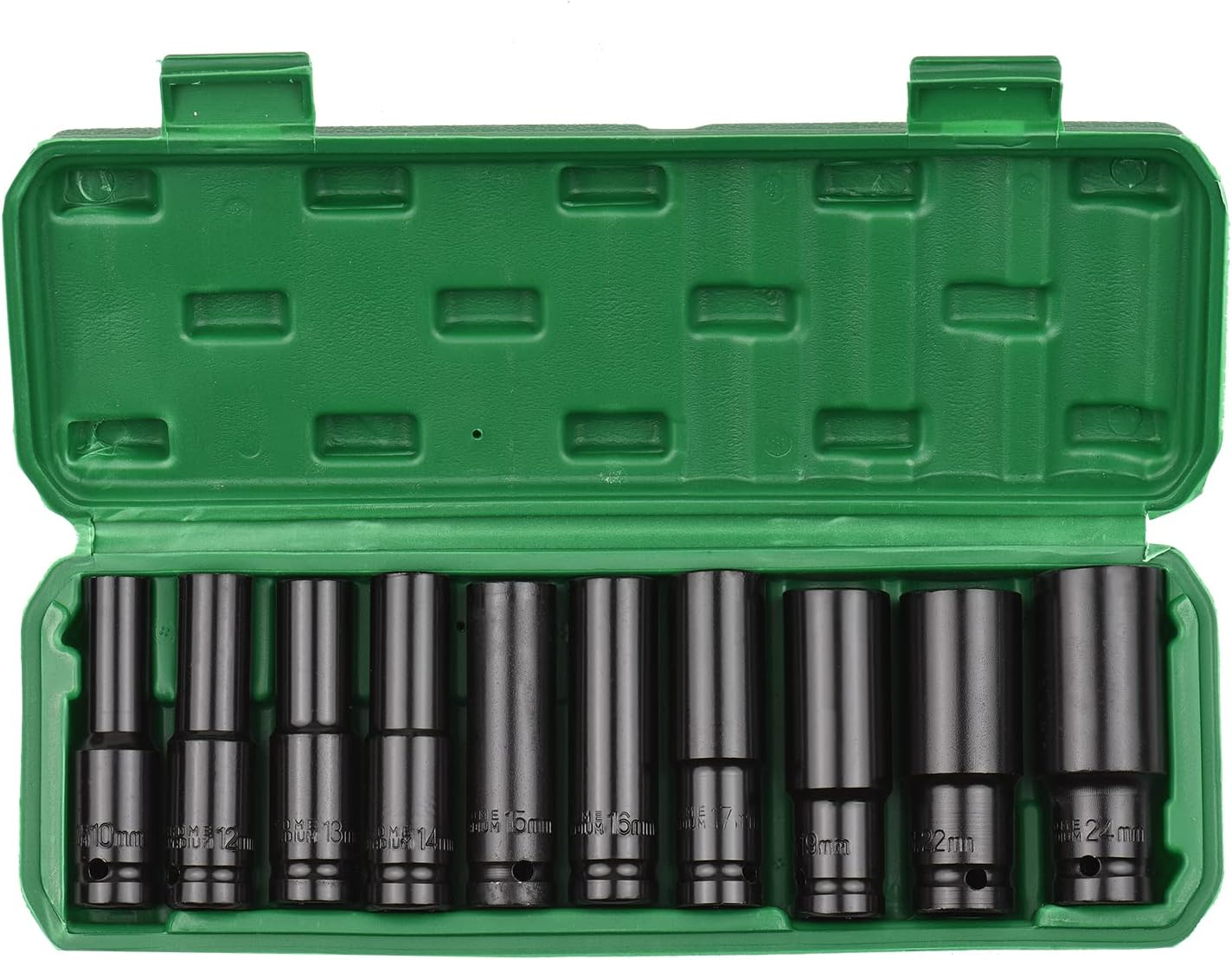1/2 Inch Drive Hex Impact Socket Set 10-Piece Deep Socket Metric Sizes 10-22Mm and 3/8 Inch Adapter CR-V Material with Hard Storage Box