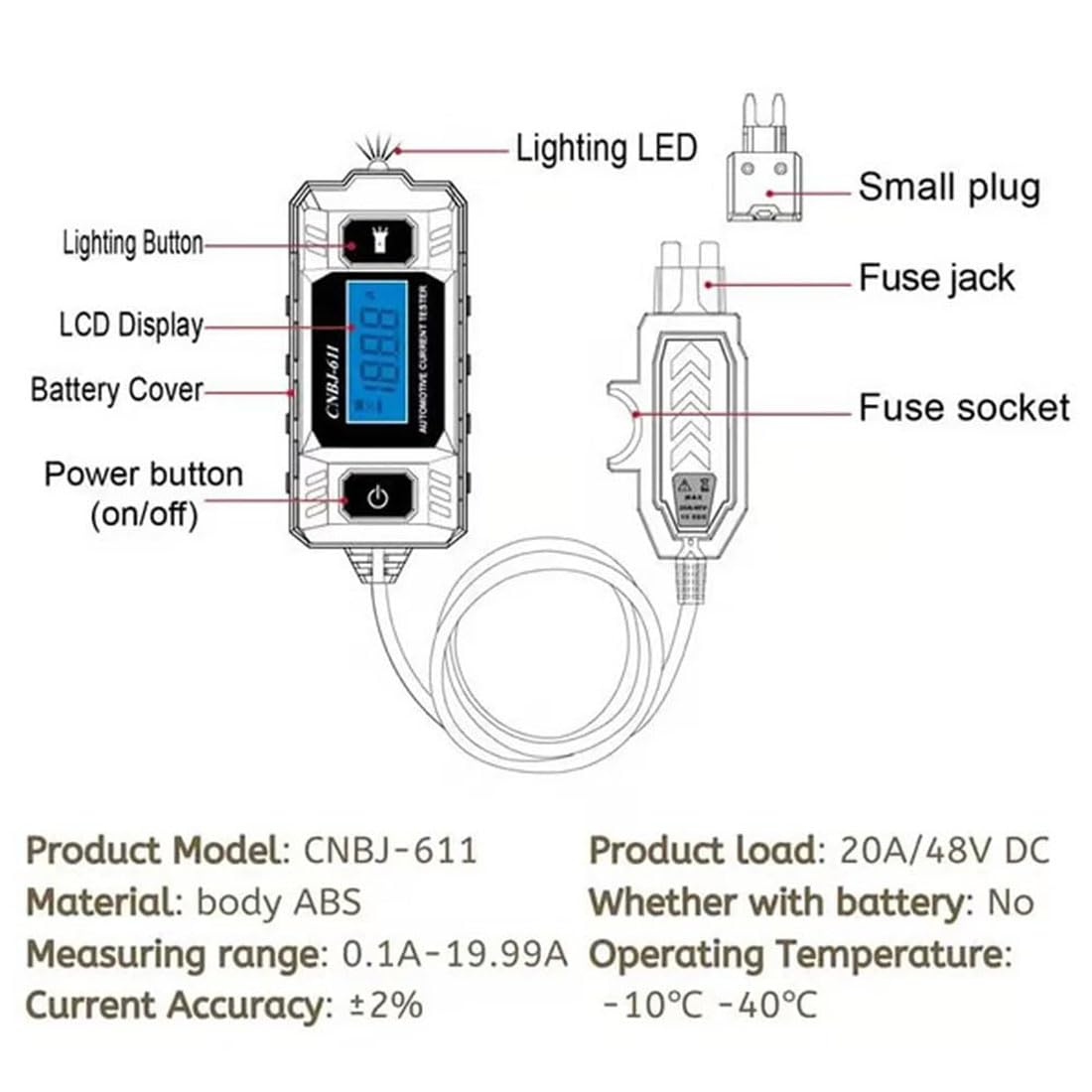 Automotive Circuit Fault Probe Tester, Portable 20A 48V High-Precision Current Tester with LED Display & Front Lighting, Wire Tracer, Car Relay Fuse Blade Checker Electrical Tool (3Pcs) - 2Pcs image number 7